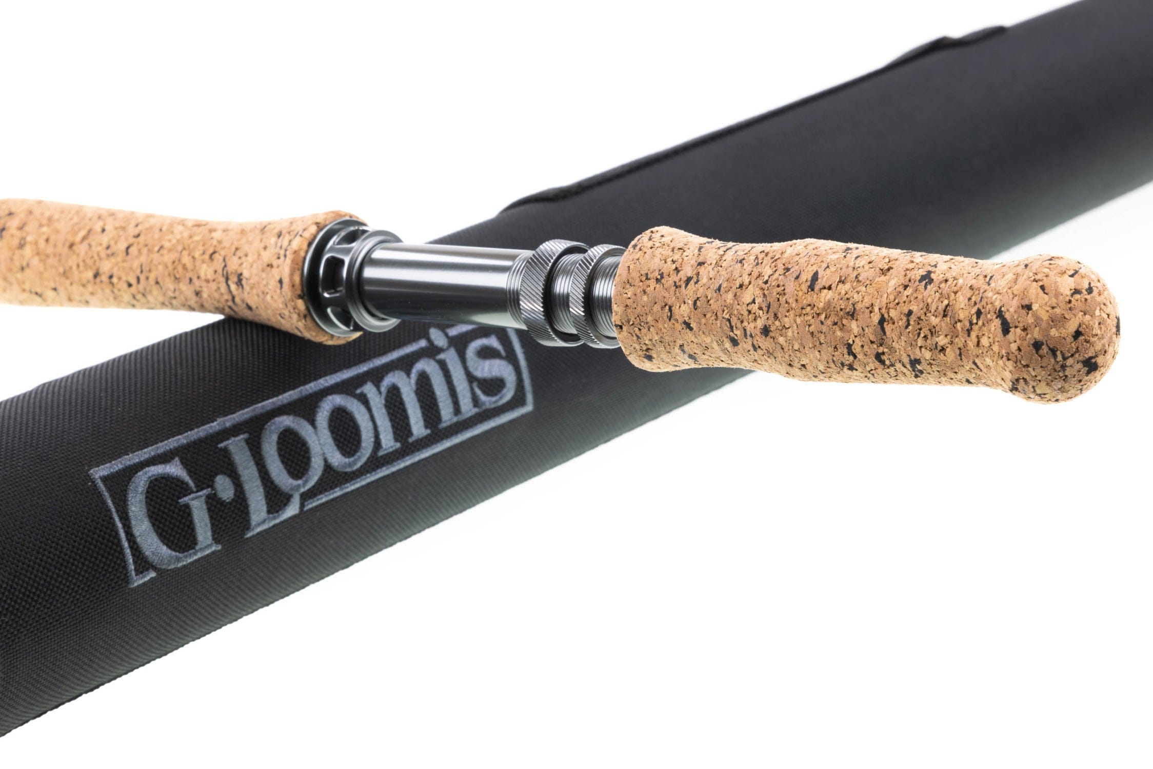 G. Loomis IMX-Pro musky fly rod with natural cork handles, metal reel seat and black protective sleeve with Loomis logo