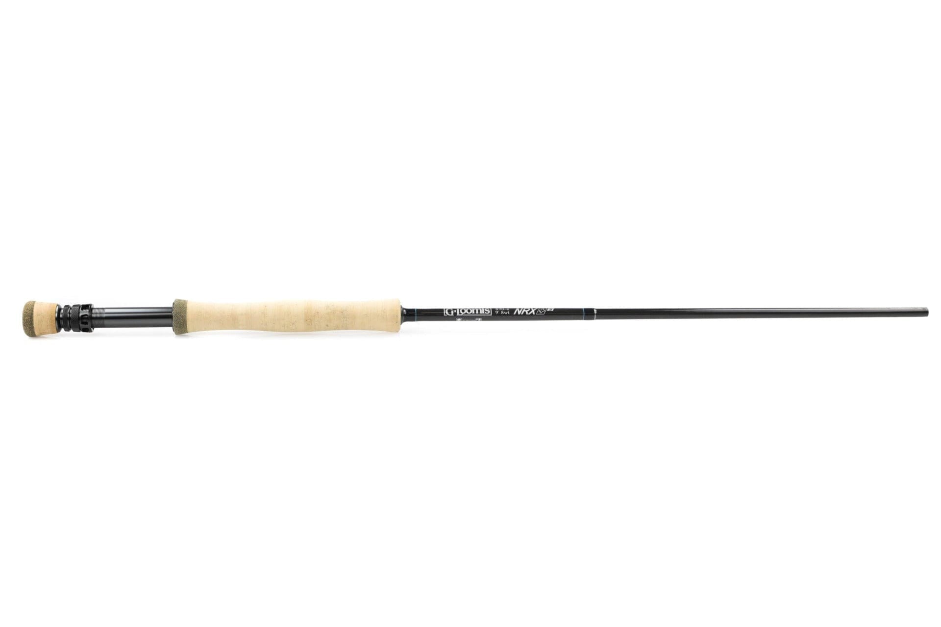 G. Loomis NRX+ saltwater fly rod with black graphite blank, natural cork handle and black machined reel seat