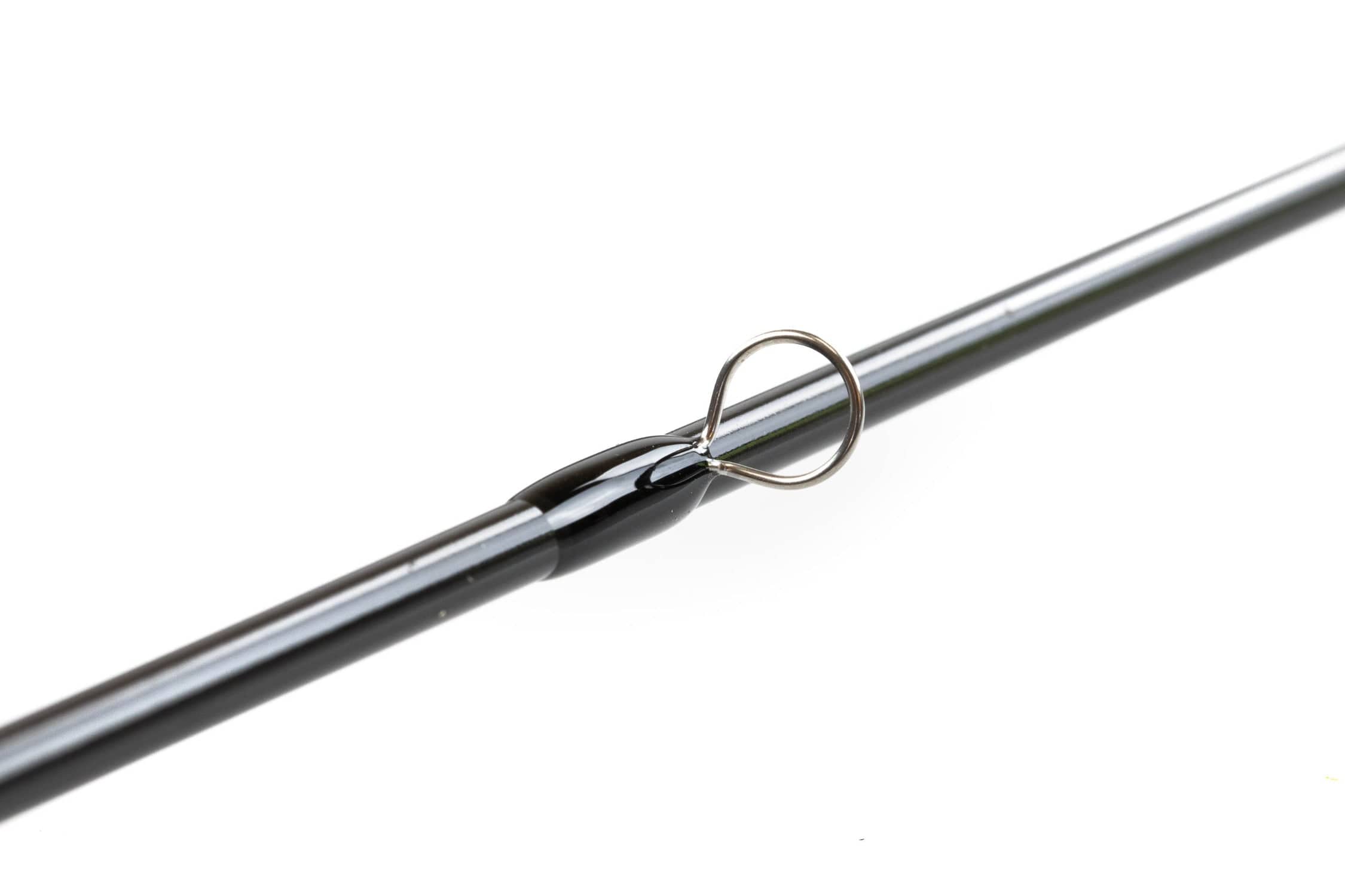 G. Loomis NRX+ Swim Fly graphite fly rod close-up showing glossy black blank and chrome guide ring