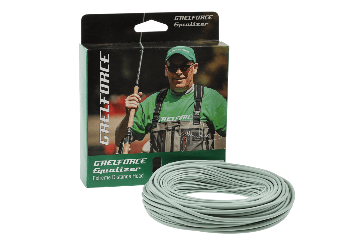 Pale sage coiled fly line beside Gaelforce Equalizer green box with angler graphic, extreme distance fly line head