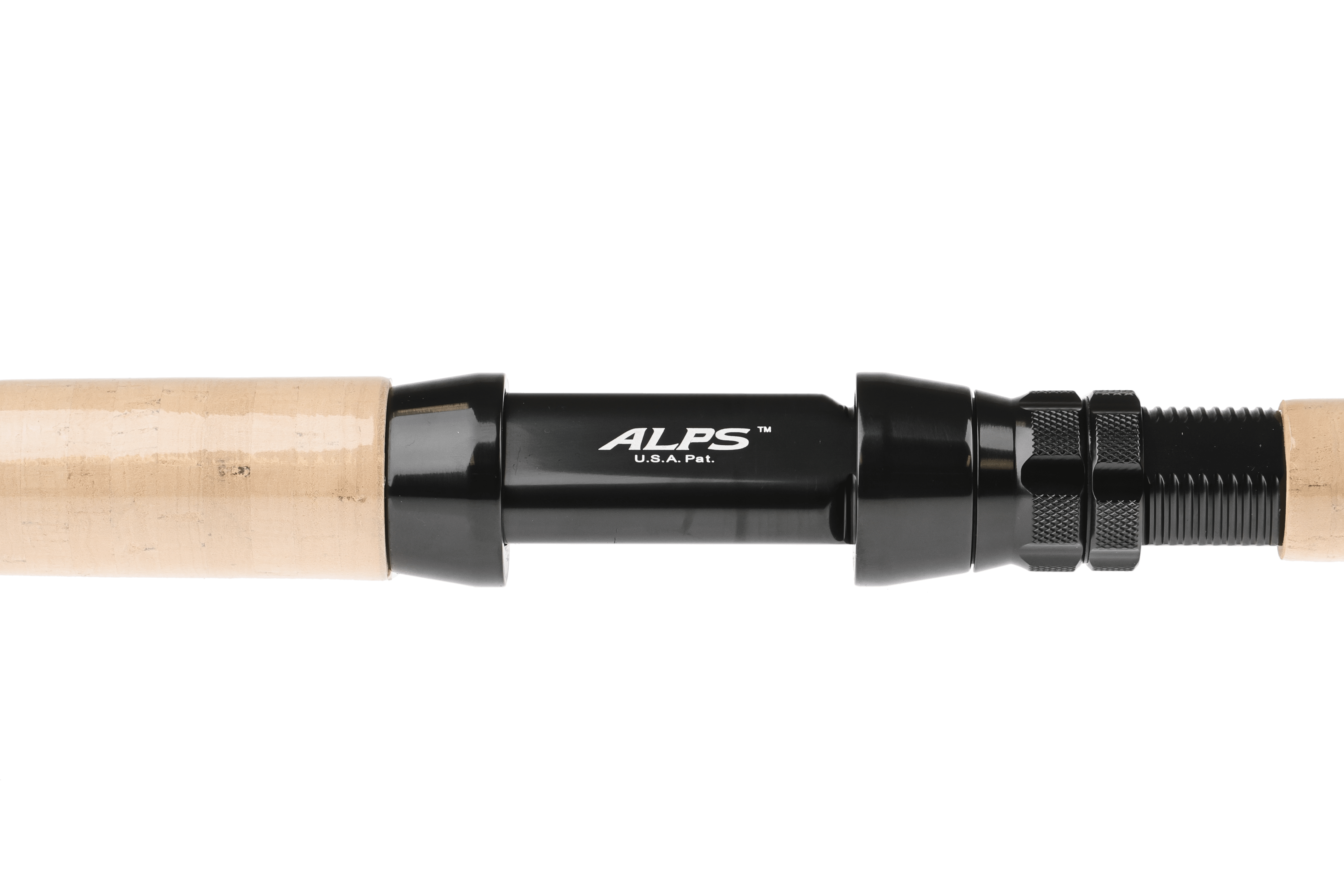 Gaelforce Graphene spey rod: close-up black ALPS reel seat, textured knurled locking rings and natural cork handles