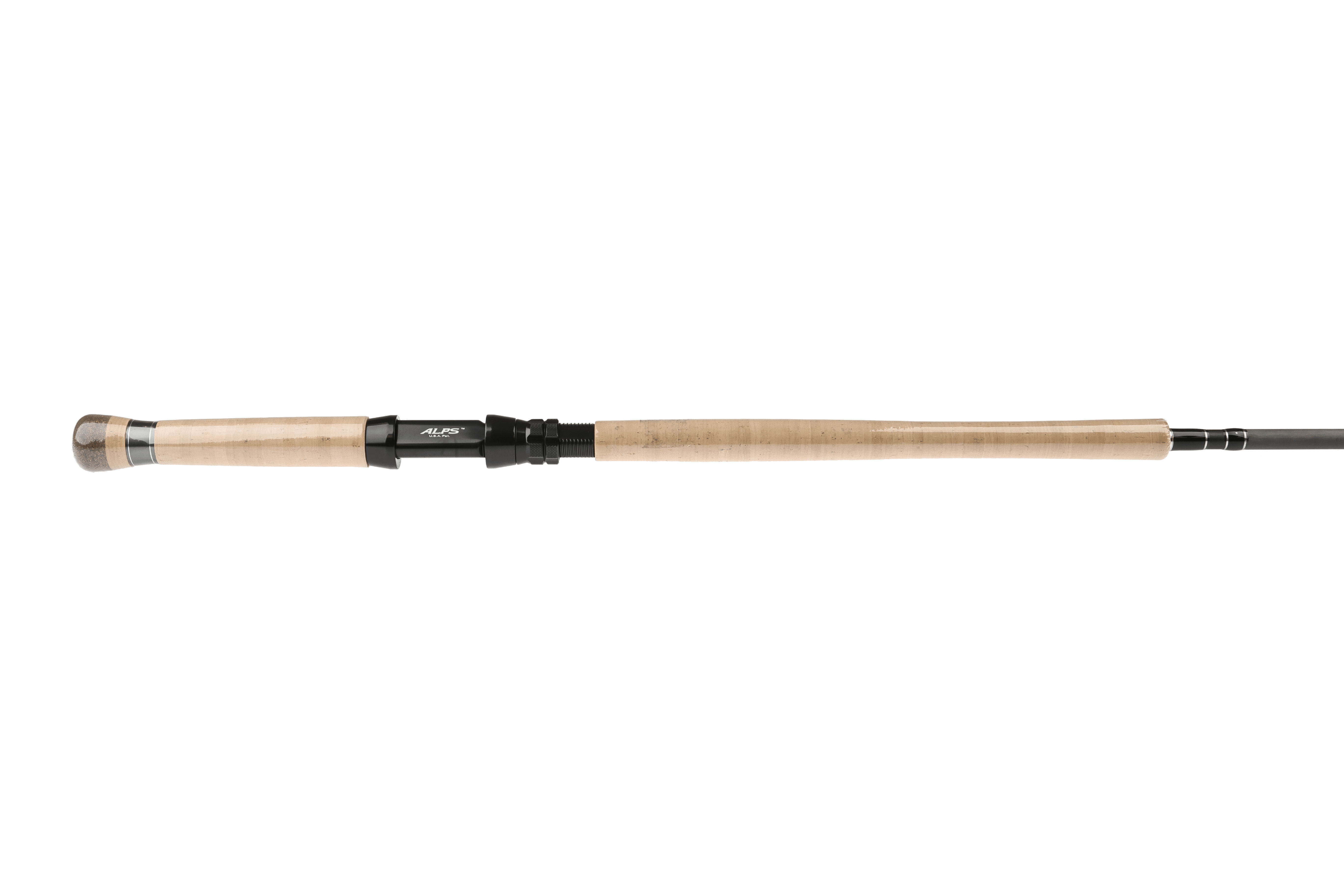Gaelforce graphene spey rod handle with natural cork grips, black ALPS reel seat and dark graphite blank