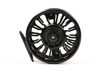 Black anodized Galvan Torque fly reel, large-arbor vented spool with radial cutouts and machined aluminum finish