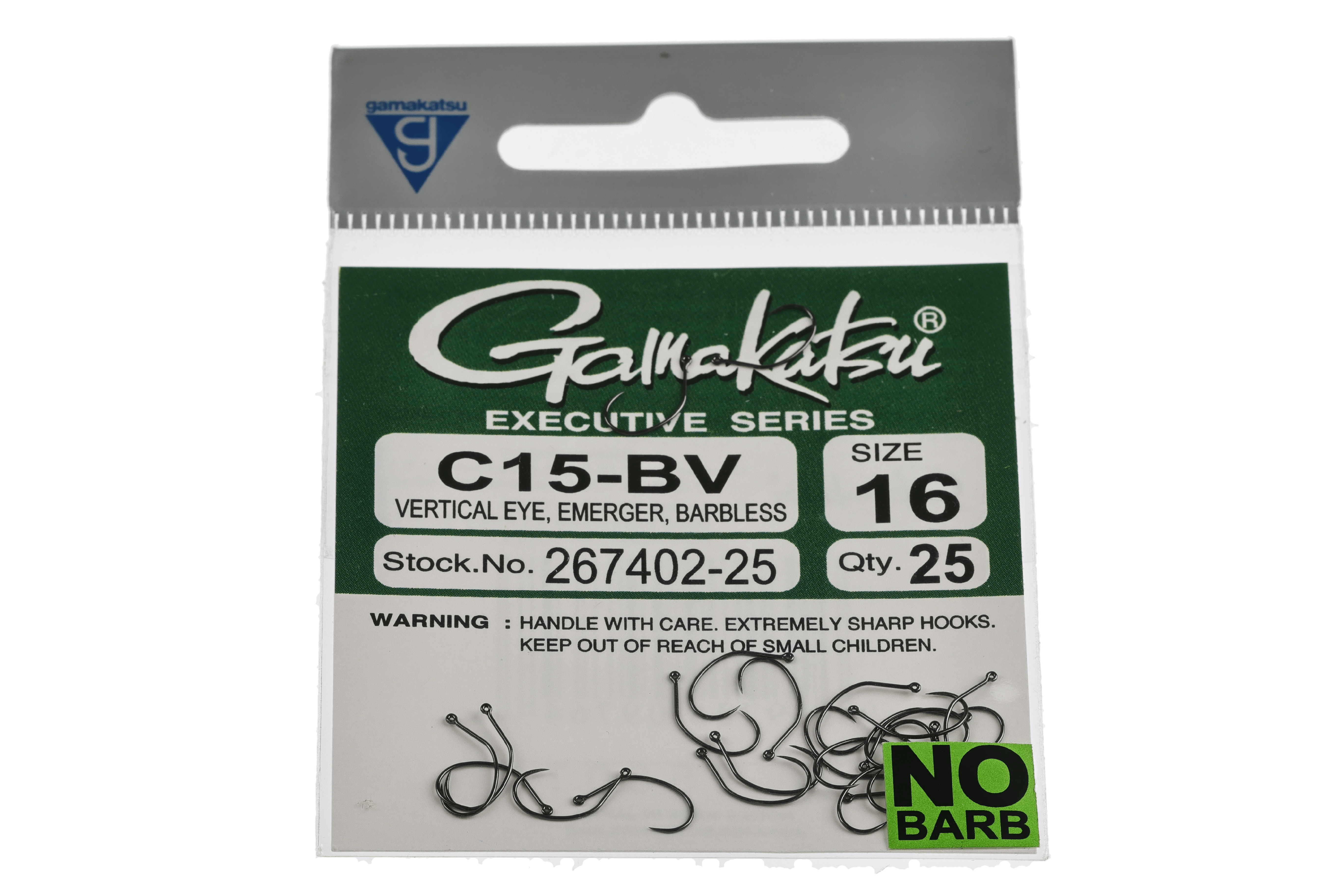 Gamakatsu C15-BV vertical eye emerger hooks pack, black barbless metal hooks on green/white card, size 16, fly tying