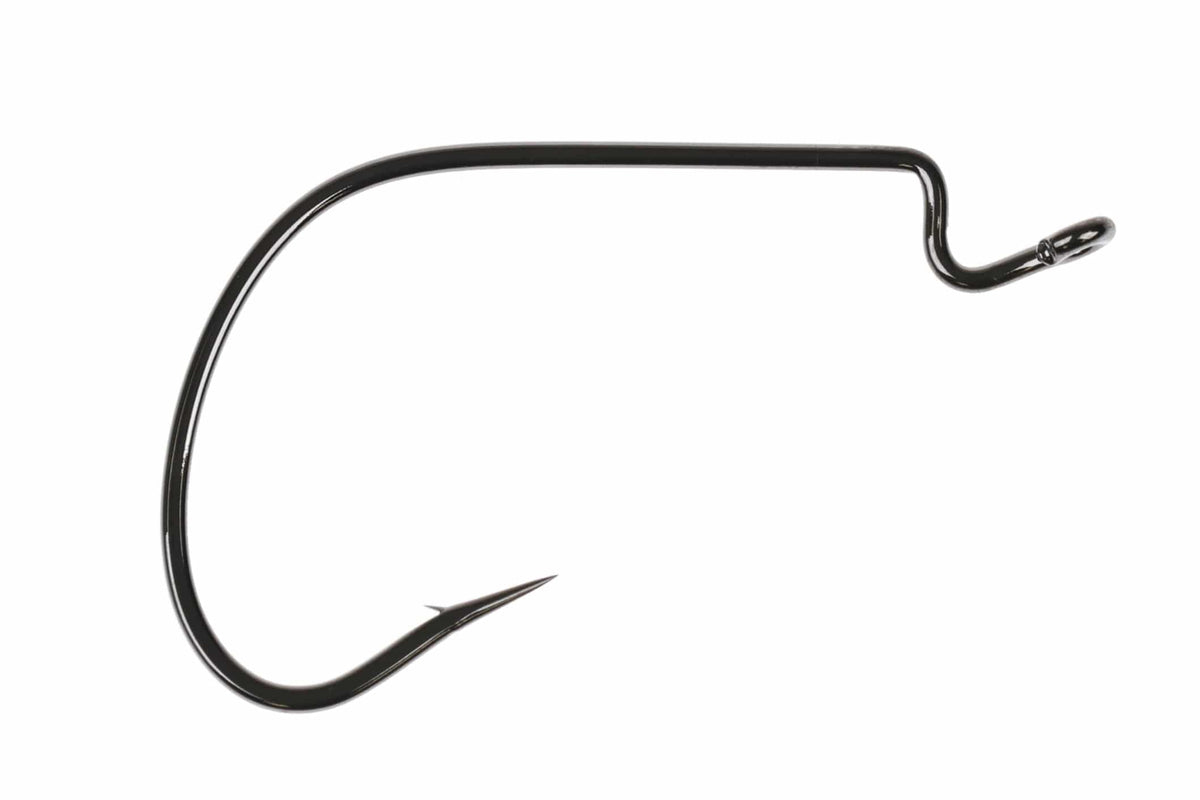 Gamakatsu glossy black wide-gap worm hook with offset shank, sharp point and bent upturned eye for fly tying