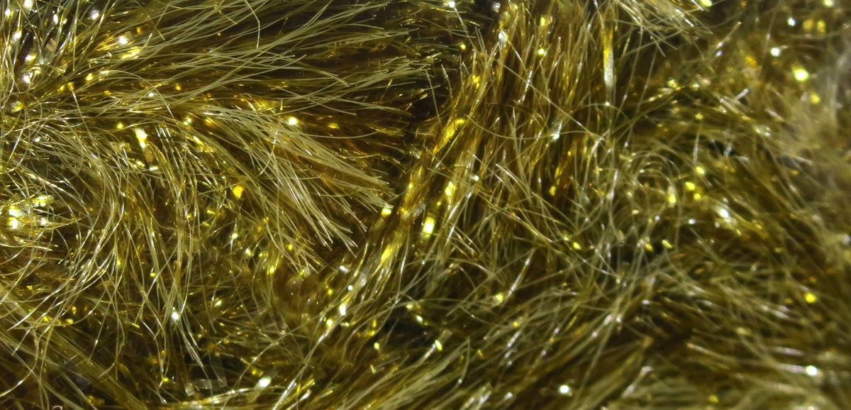 Olive-gold Gamechanger chenille with sparkling tinsel fibers and plush synthetic strands for fly tying