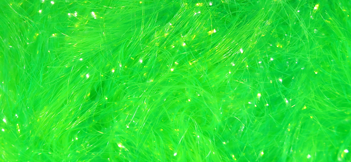 Chocklett's Gamechanger chenille in neon chartreuse with fluffy fibers and iridescent flash strands for fly tying