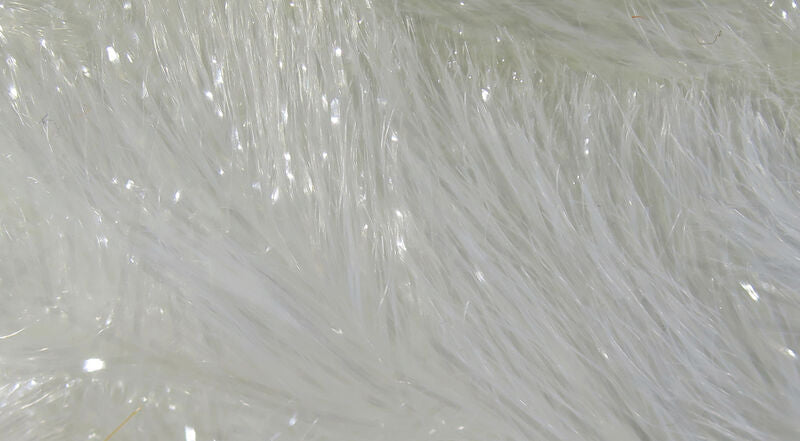 White iridescent synthetic chenille with long fluffy fibers and subtle sparkle, fly tying material