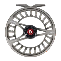 Greys Pace fly reel in carbon, front view showing the ported large arbor spool and red drag knob