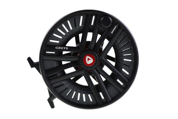 Greys matte black Fin cassette fly reel with ventilated spool, red center cap and skeletonized spokes, lightweight reel