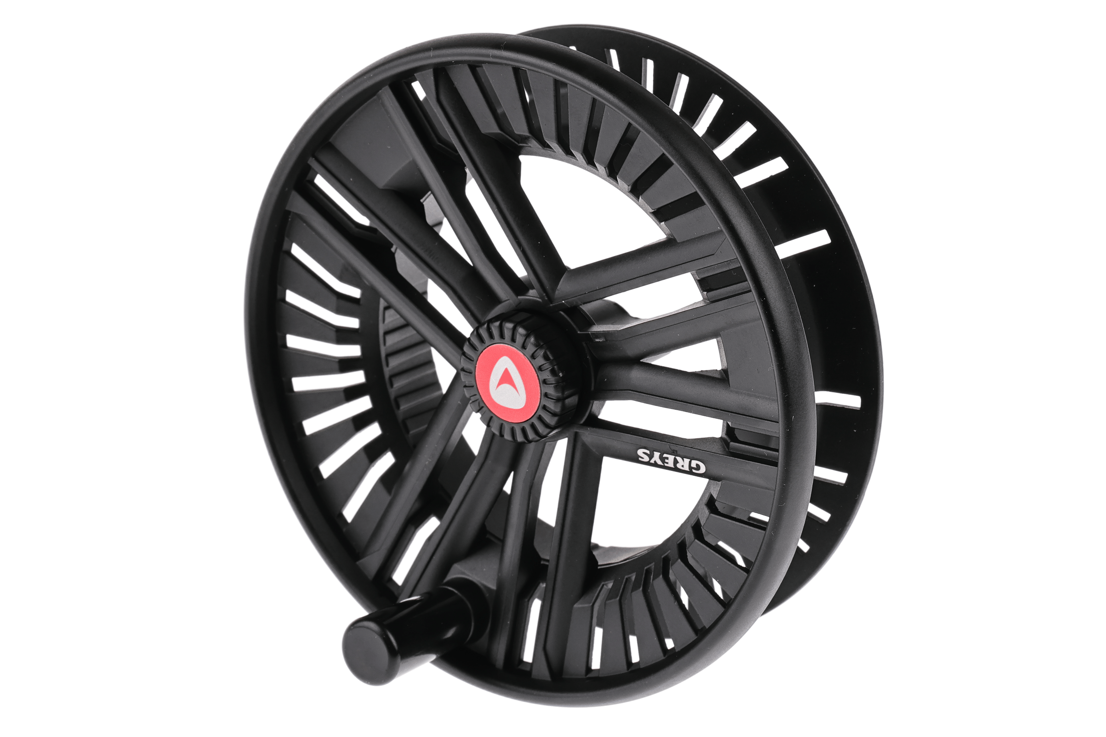 Matte black Greys Fin large-arbor fly reel with vented spool, knurled drag knob and red center badge, lightweight alloy body