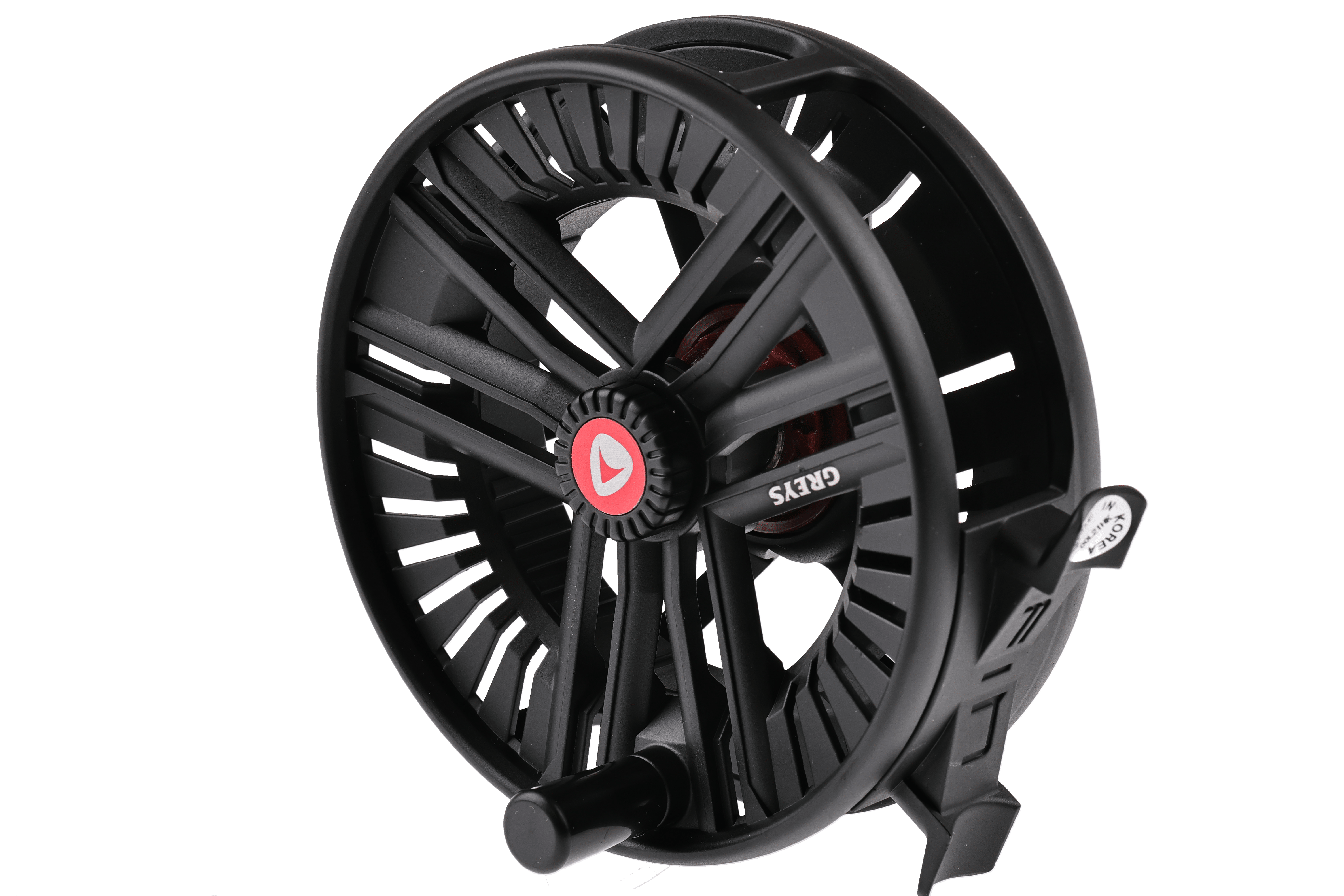Black Greys Fin fly reel with matte anodized aluminum spool, skeleton cage, red center logo and ergonomic handle