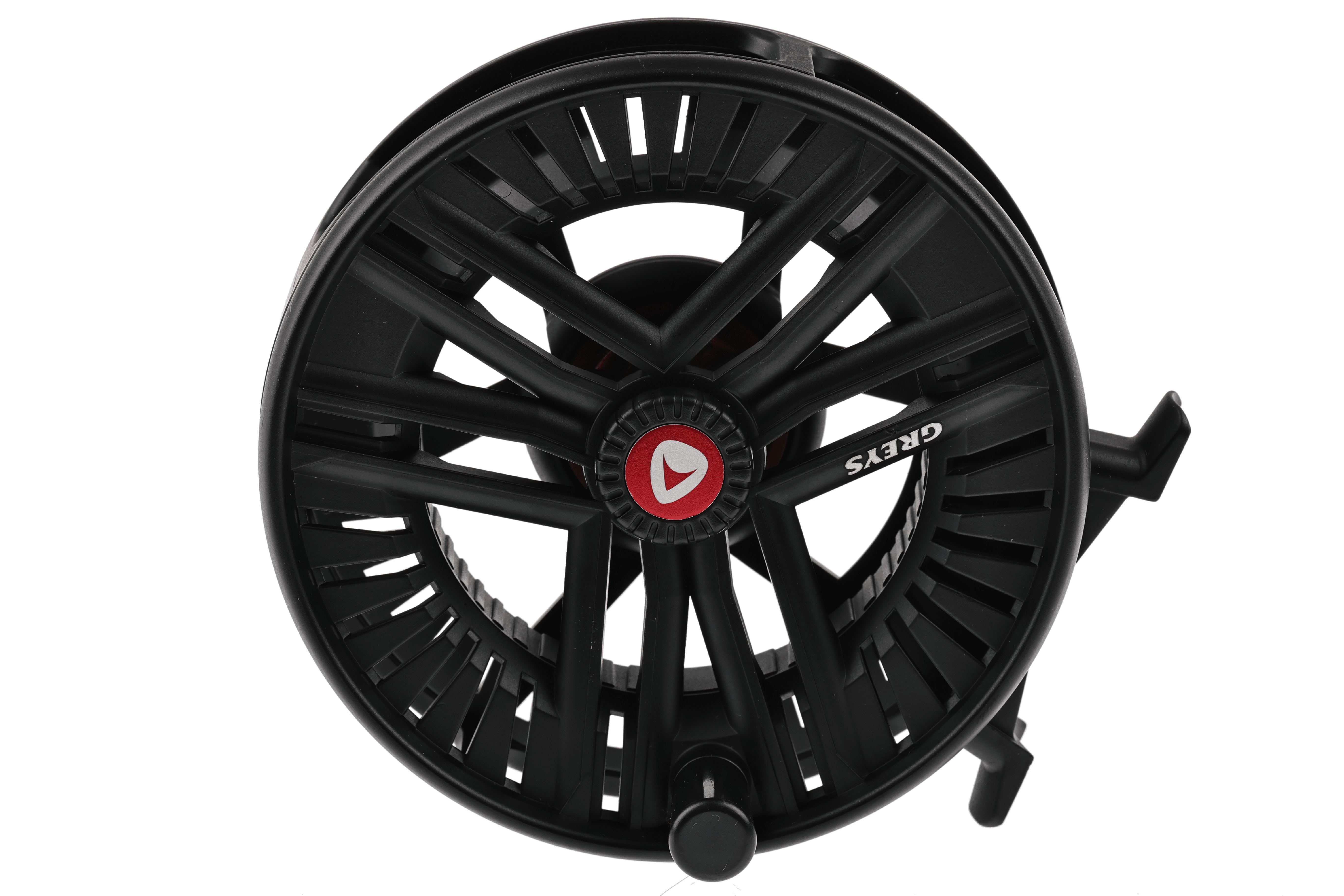 Black Greys Fin fly reel with large ventilated spool, matte black frame, red logo cap and minimalist skeleton design