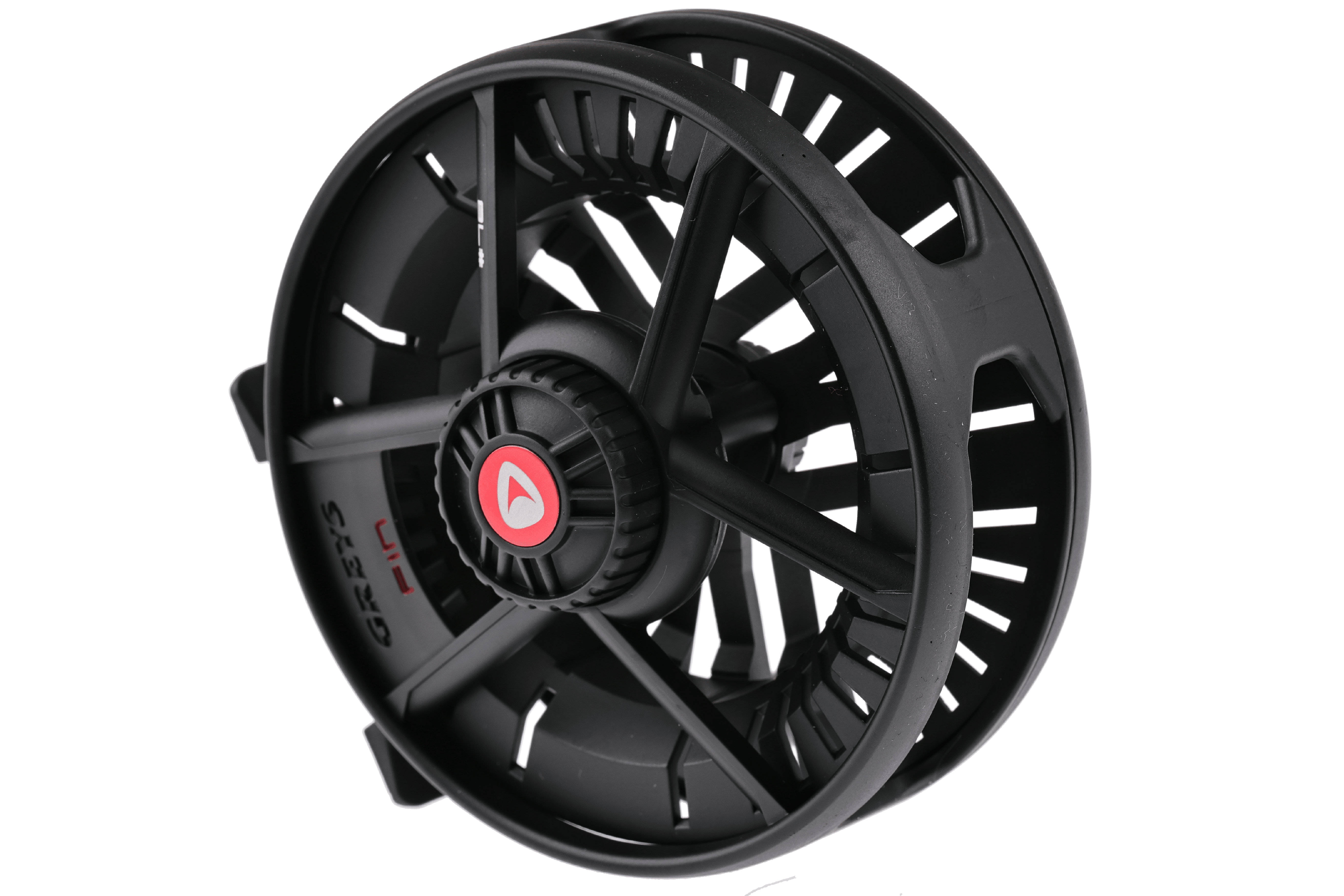 Black Greys Fin fly reel with matte anodized large-arbor spool, ventilated cage and red logo center