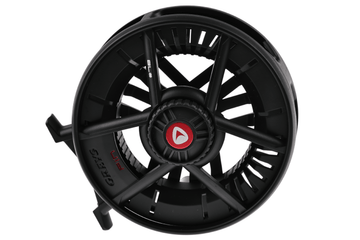 Matte black Greys Fin fly reel with large-arbor skeletal spool, five-spoke design and red center logo