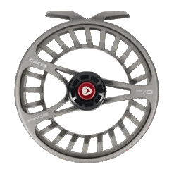Greys Pace fly reel in carbon, front view showing the ported large arbor spool and red drag knob