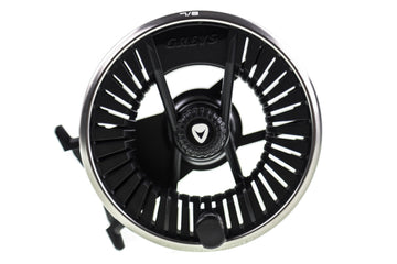 Greys Tail AW fly reel with black ventilated spool, silver machined rim and central drag knob with Greys logo