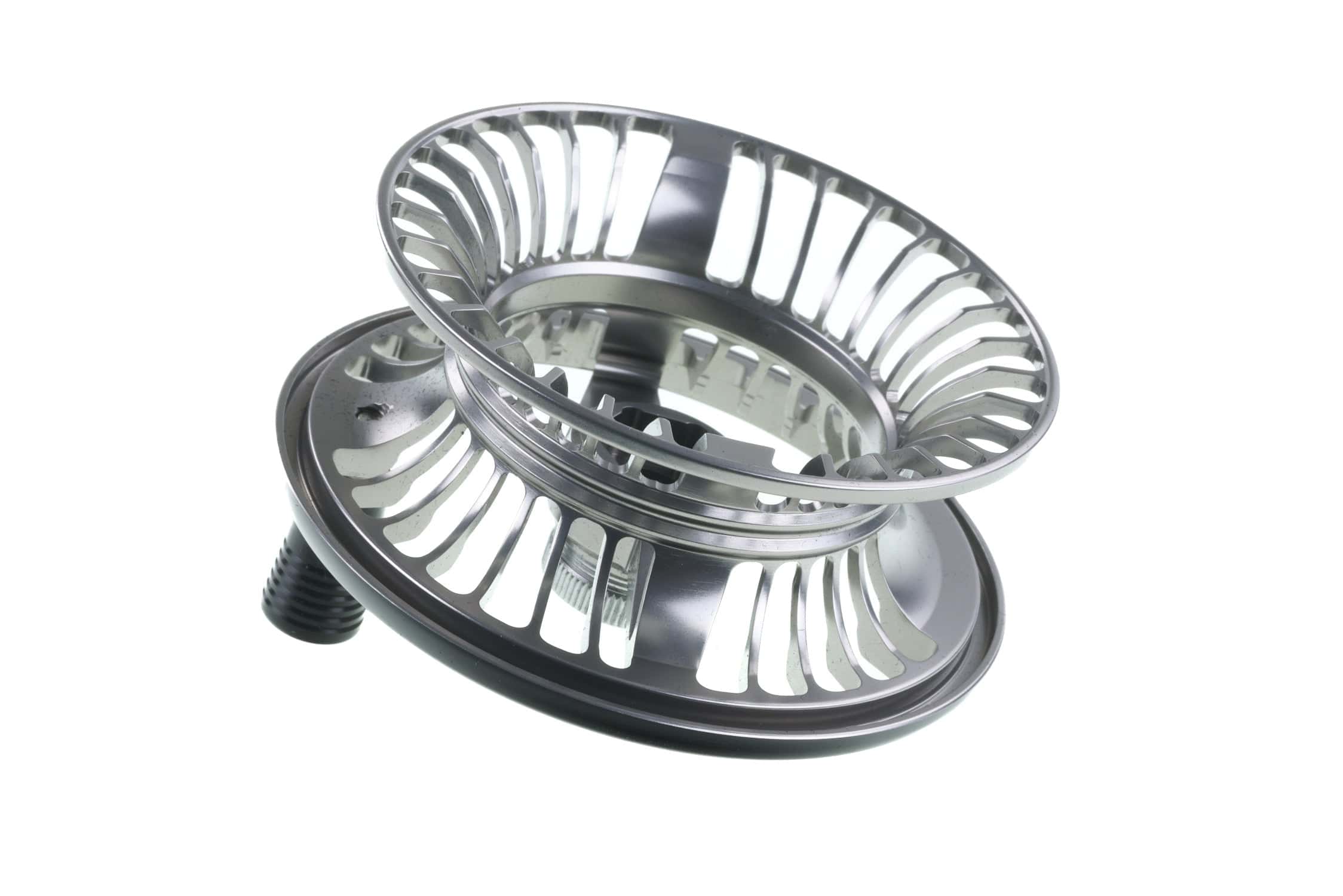 Silver machined aluminium spare spool for Greys reel, vented slotted design with deep arbor and smooth metallic finish
