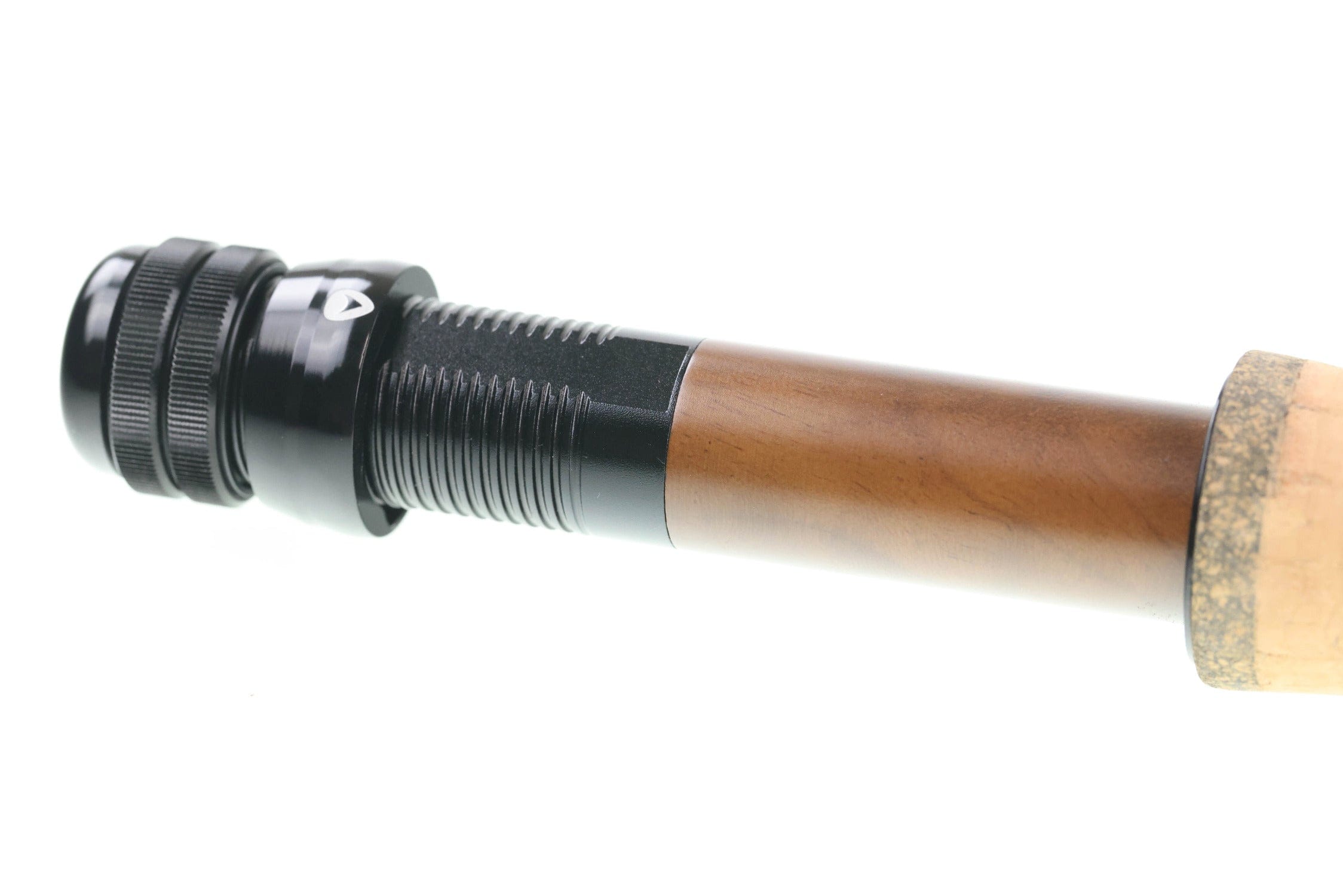 Greys Kite fly rod close-up showing brown wooden shaft, black ribbed metal reel seat and cork handle.