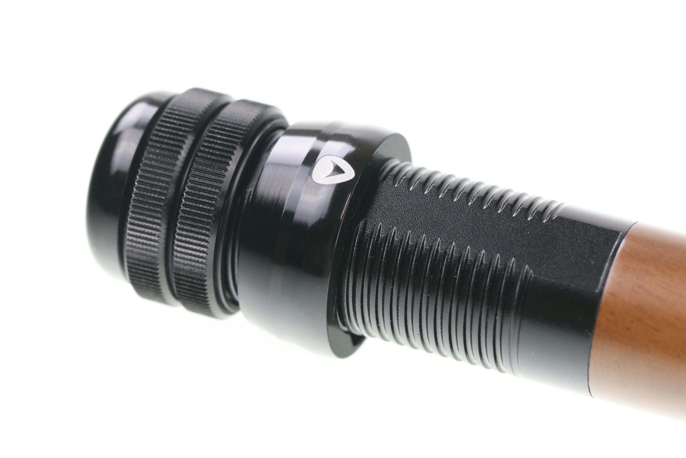 Greys kite fly rod black anodized knurled metal reel seat with threaded rings and brown wooden handle