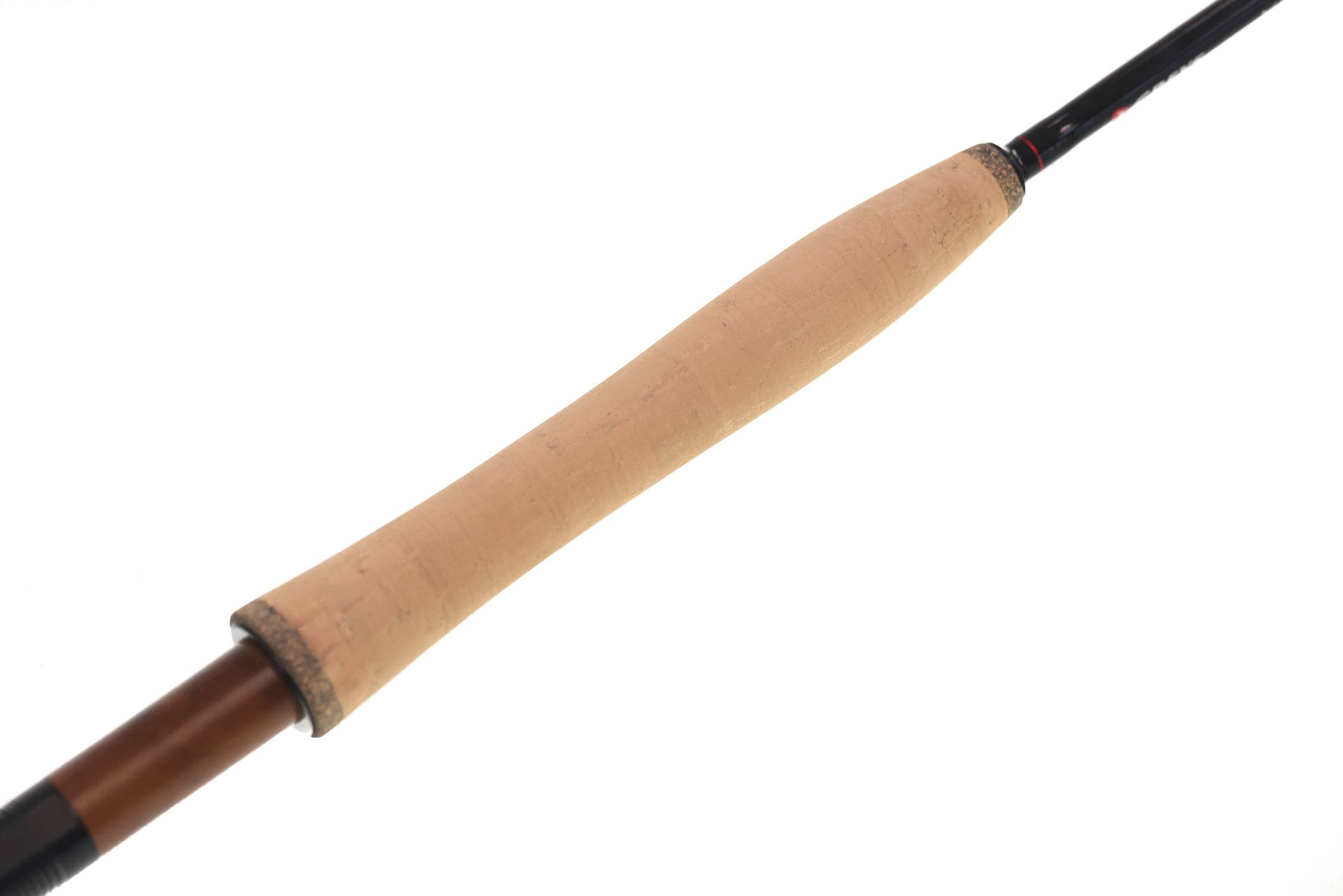 Greys kite fly rod with natural cork handle, tapered tan grip and brown graphite blank with black ferrule