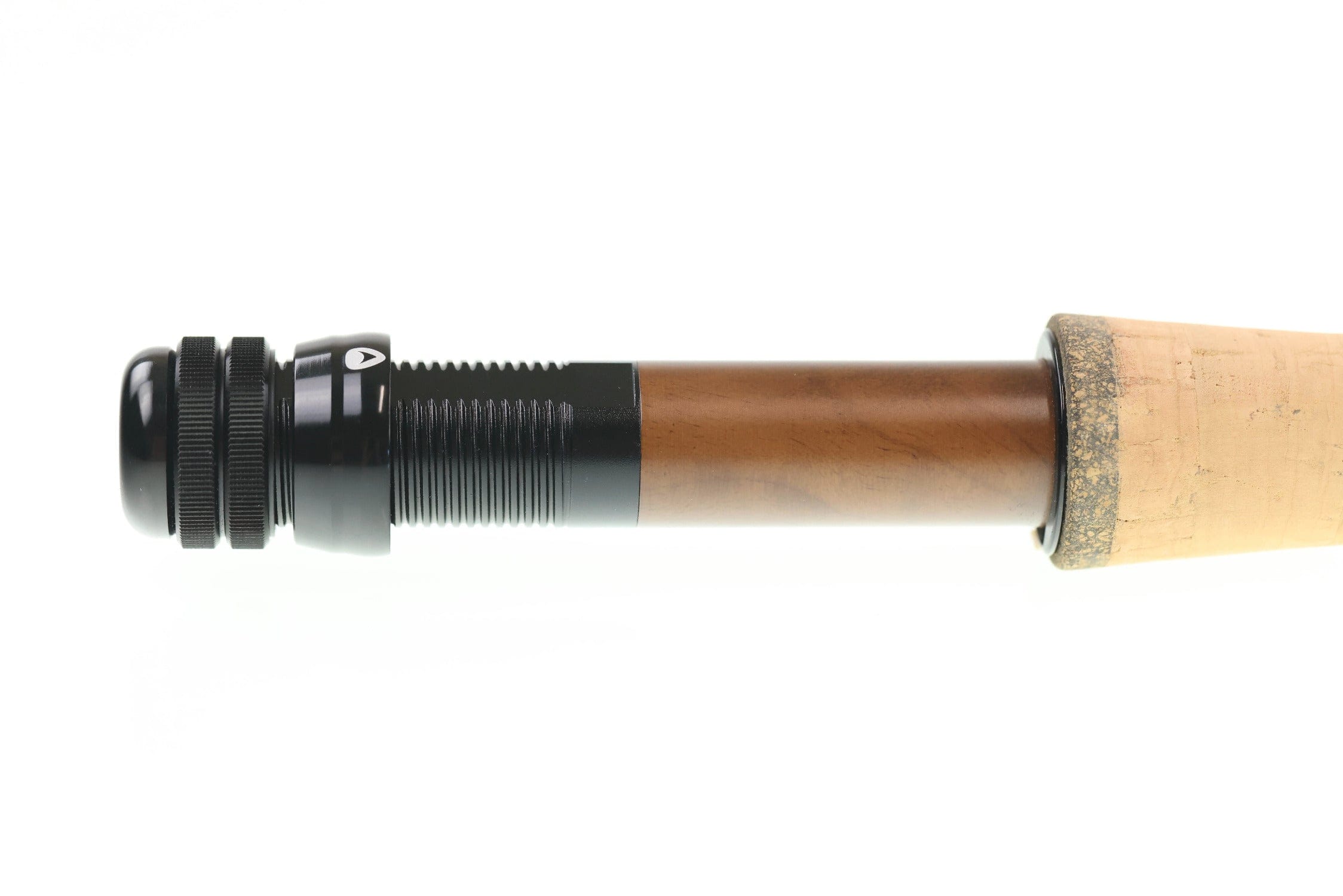 Greys Kite fly rod close-up of cork handle, brown wooden insert and black knurled metal reel seat
