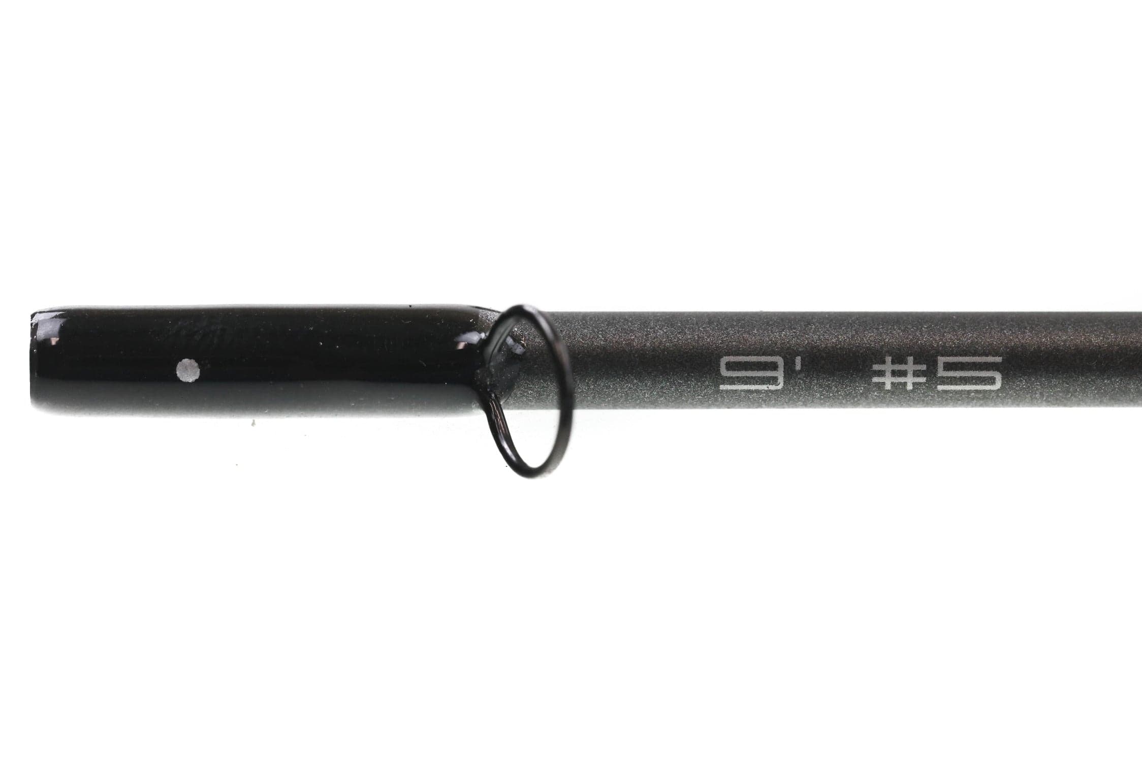 Greys kite fly rod section in matte charcoal graphite with black guide ring and printed 9' #5 marking