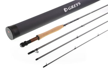 Greys Kite fly rod, four-piece graphite dark grey blanks with cork handle and black tube case