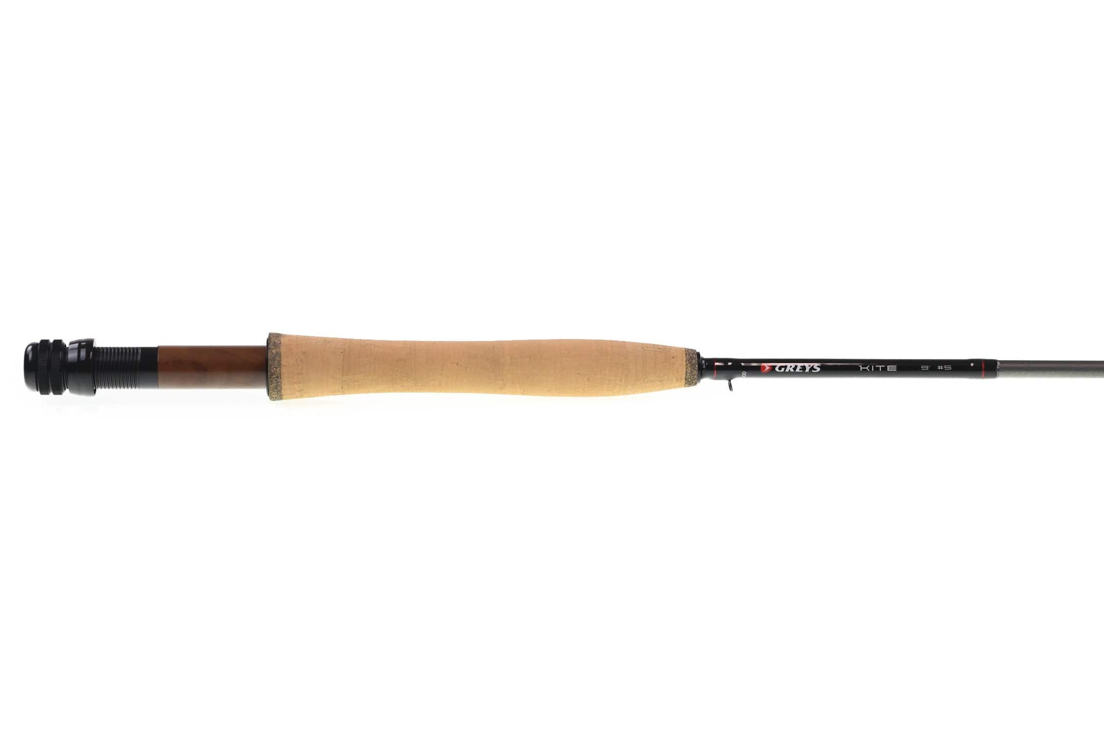 Greys Kite fly rod with long tan cork handle, black anodized reel seat and sleek dark graphite blank with Greys logo