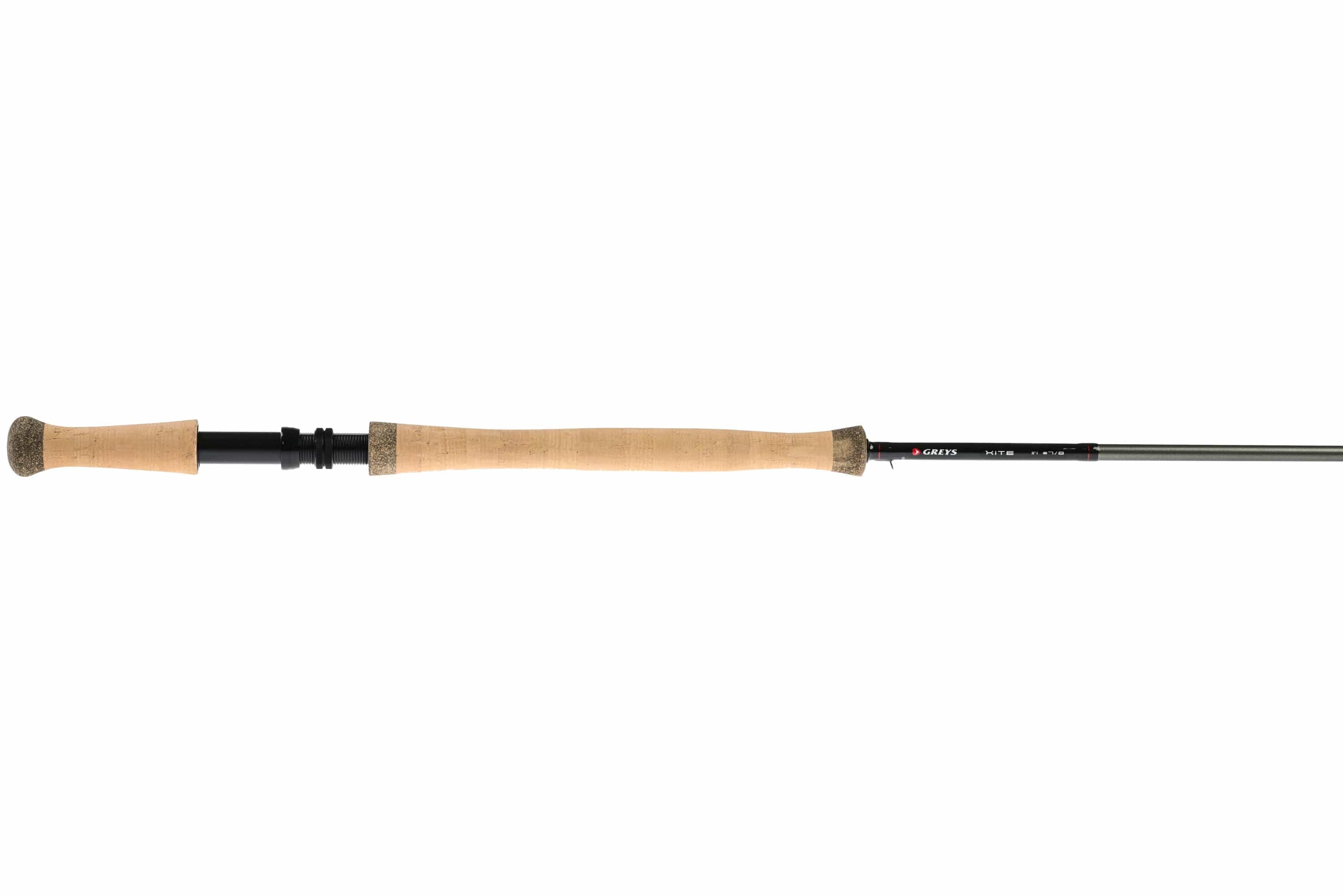 Greys Kite switch fly rod with matte black graphite blank, long natural cork handle and black reel seat
