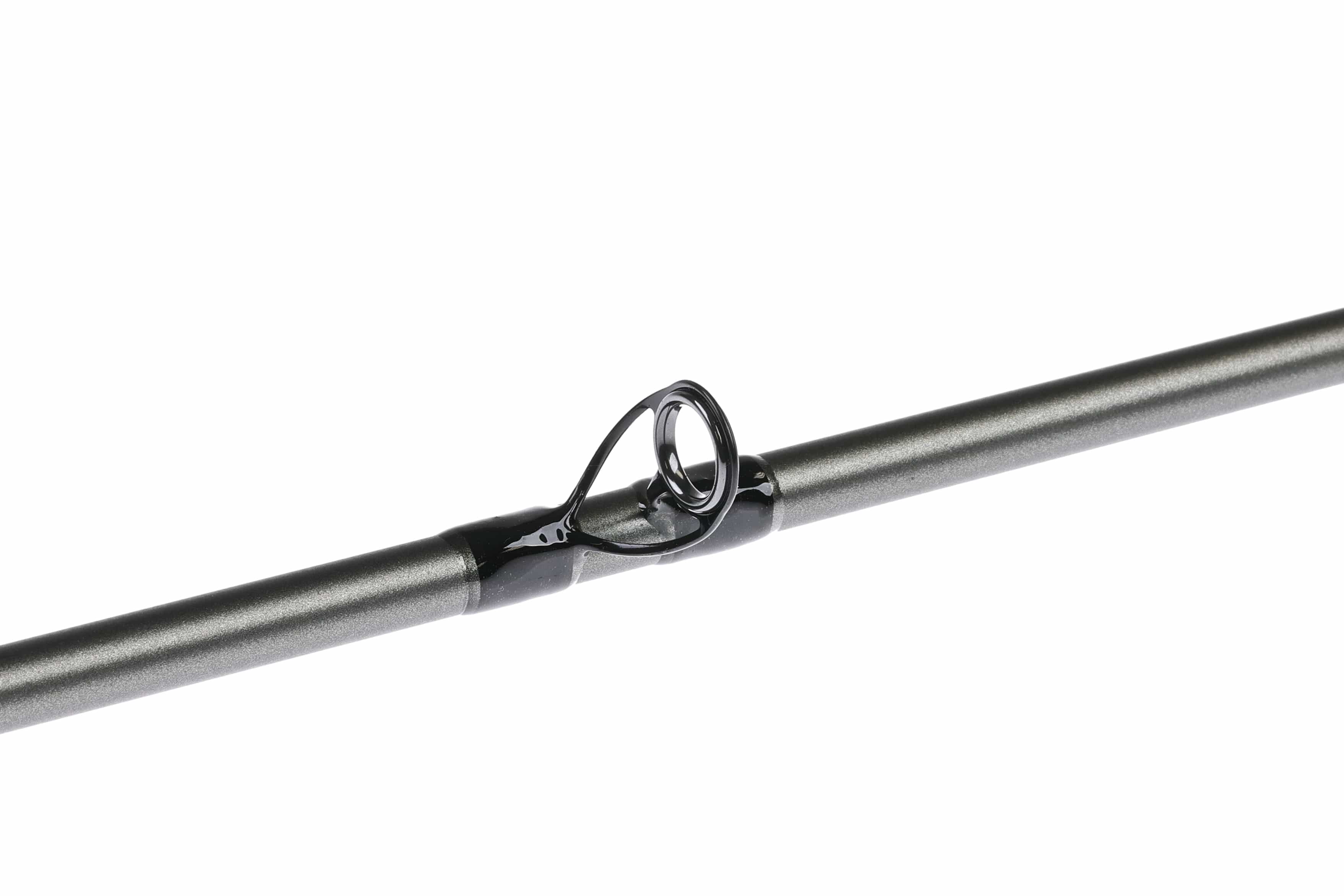 Greys Kite switch fly rod close-up showing metallic charcoal graphite blank and glossy black guide ring