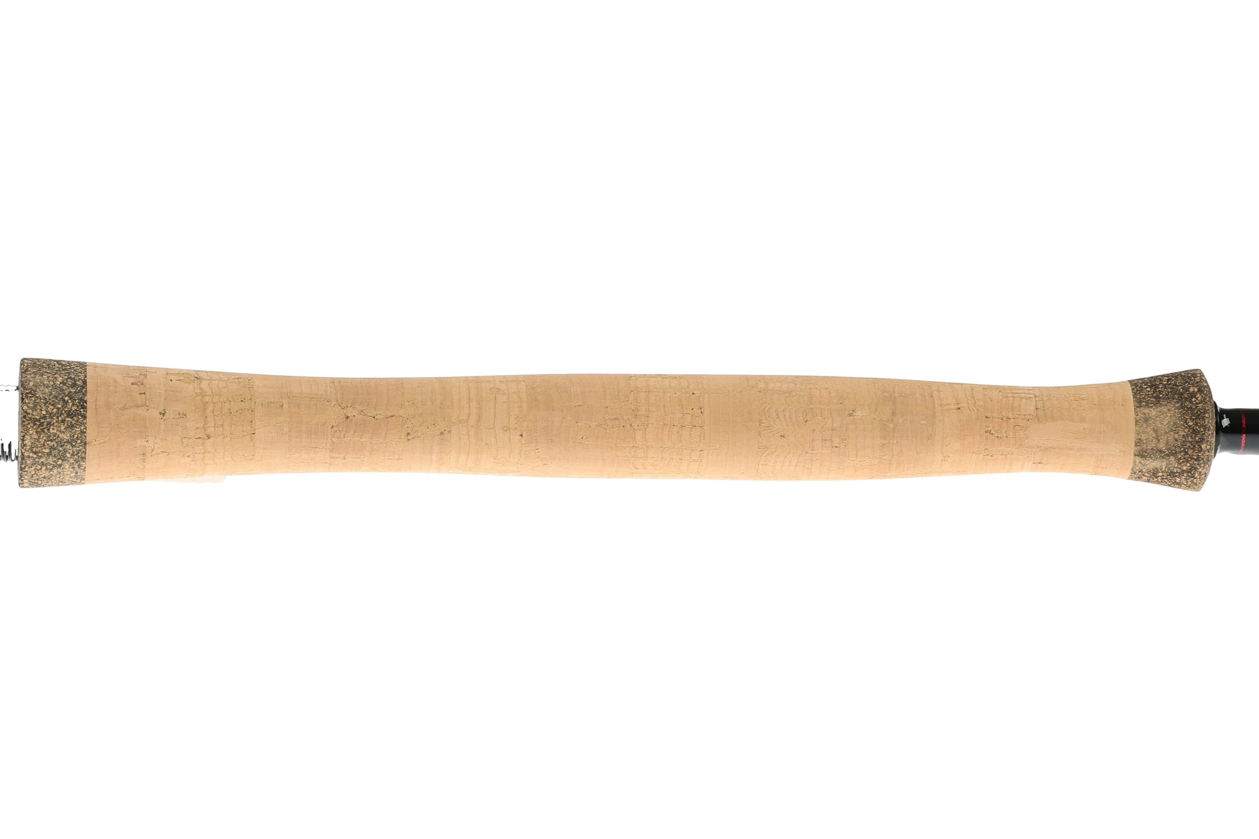 Greys Kite switch fly rod cork handle in natural tone with speckled dark end caps and visible black reel seat