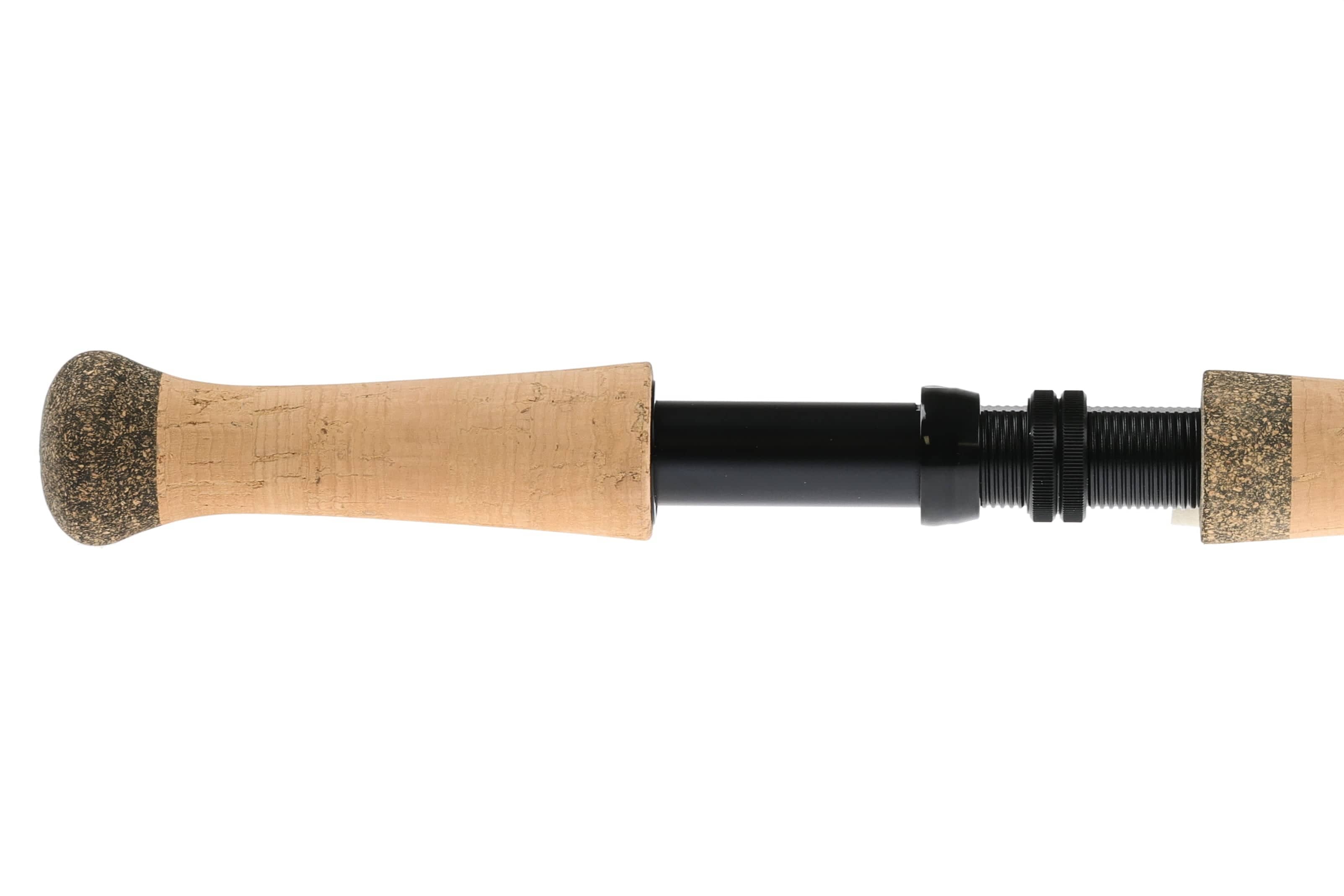 Greys Kite switch fly rod cork handle with black metal reel seat and textured cork butt cap