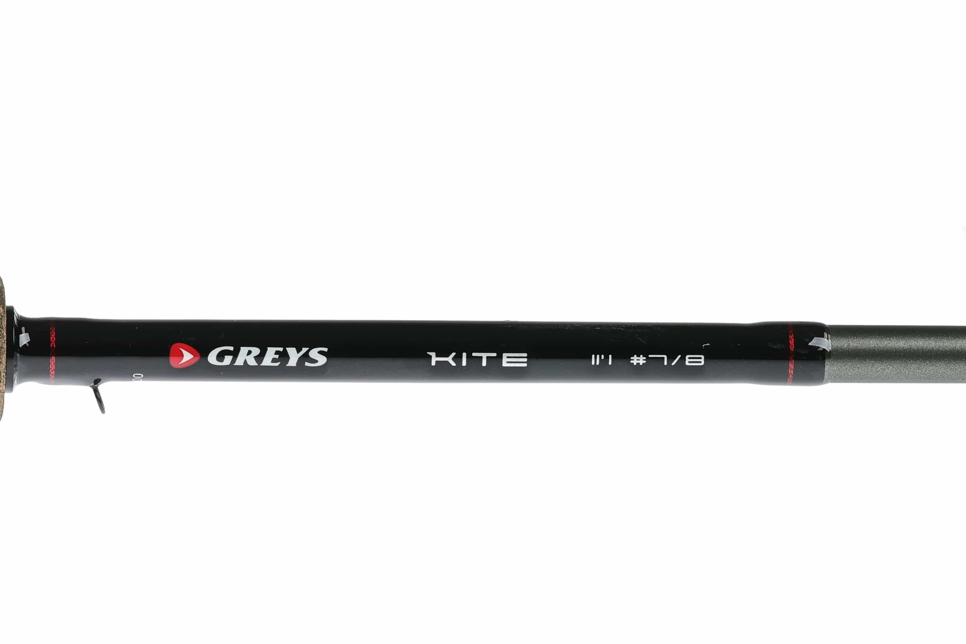 Greys Kite black graphite switch fly rod section with white logo, red thread wraps, cork handle and #7/8 marking