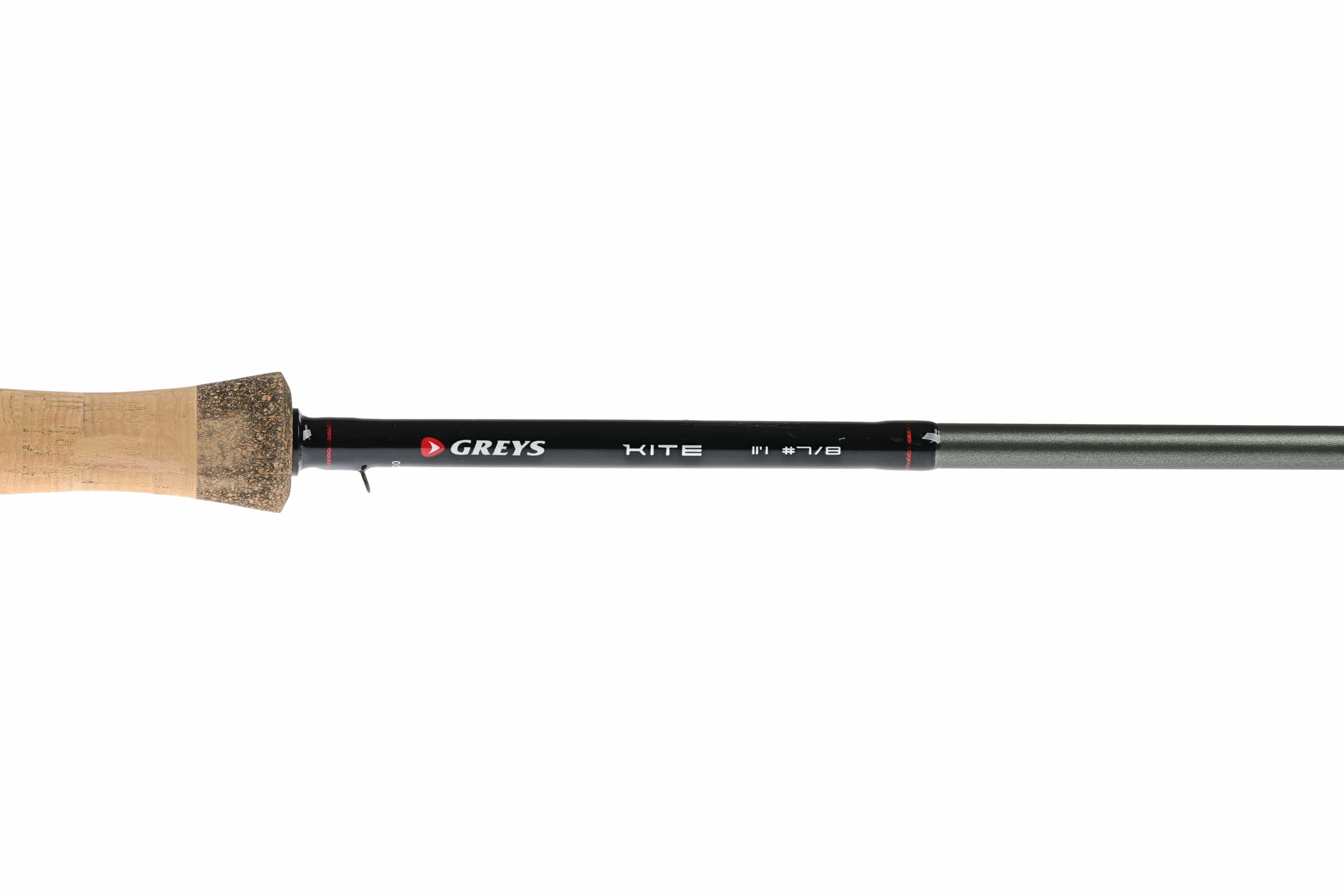 Greys Kite switch fly rod with natural cork handle, black glossy midsection with Greys logo and metallic grey blank