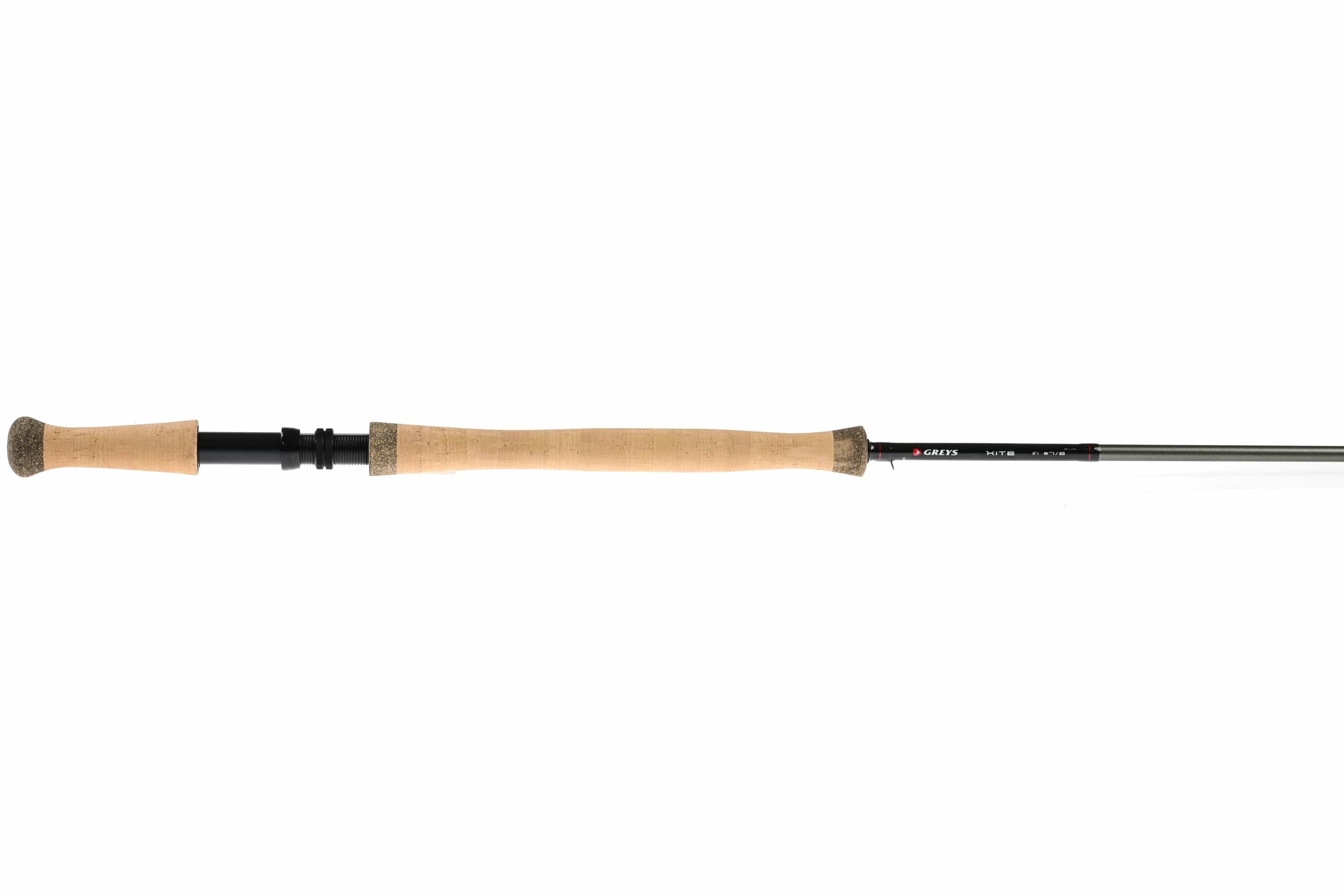 Greys Kite switch fly rod with long natural cork handle, black reel seat and grey graphite blank, minimalist style