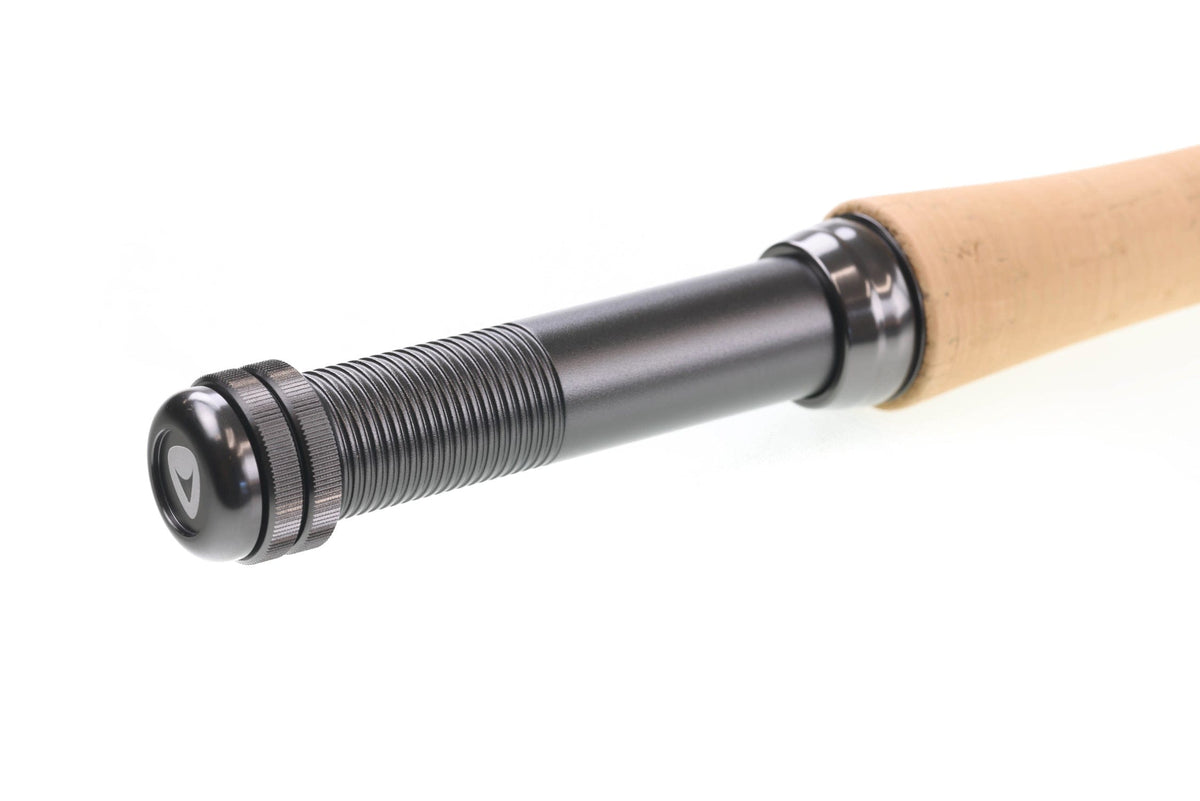 Greys Lance fly rod cork handle with matte black ribbed metal reel seat and knurled butt cap