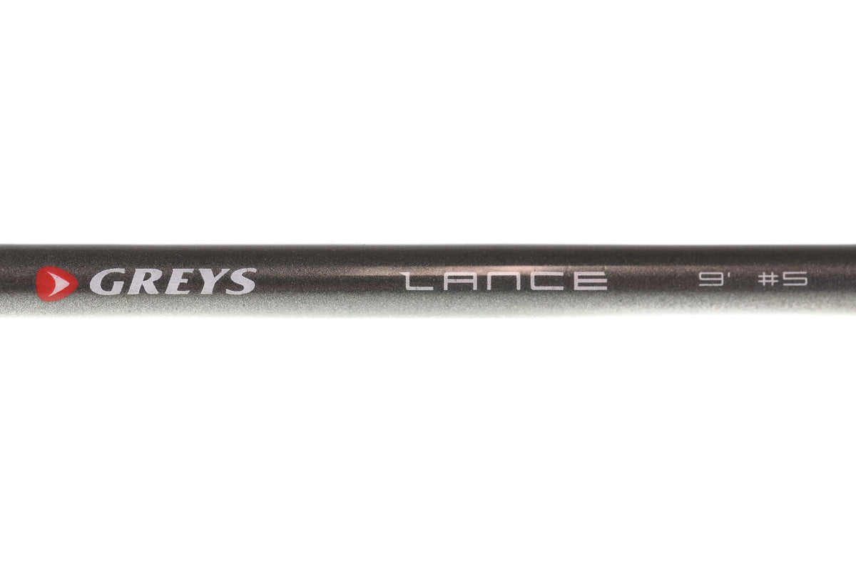 Greys Lance 9' #5 graphite fly rod section, metallic grey finish with red logo and white text