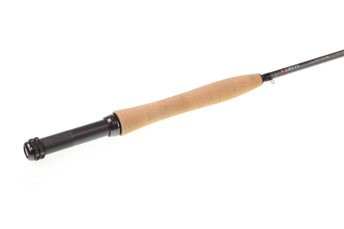 Greys Lance fly rod with contoured cork handle, black threaded reel seat and dark graphite blank with Greys logo