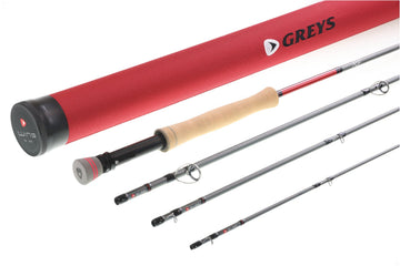 Greys red rod tube and four-piece grey graphite fly rod with cork handle, metallic red ferrule and stainless guides