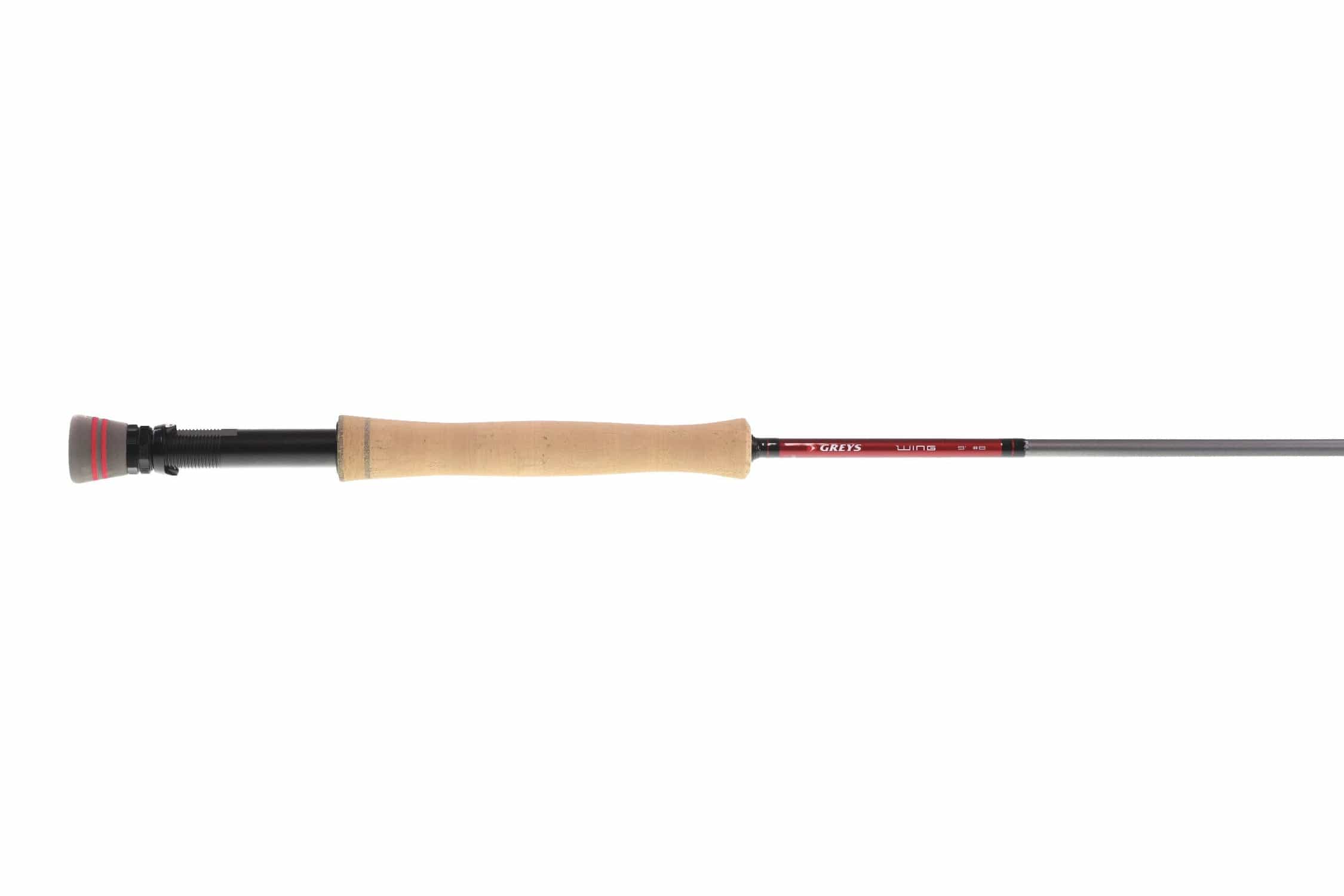Greys Wing saltwater fly rod with full cork handle, black anodized reel seat and red metallic blank on grey graphite shaft