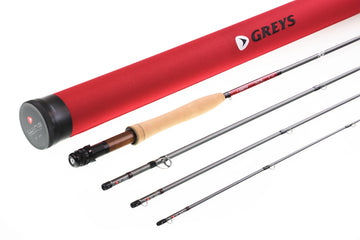 Greys Wing Streamflex grey graphite fly rod, multi-piece sections with cork handle, red reel seat and red tube case