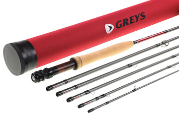 Greys Wing travel fly rod with red canvas tube, cork handle and matte grey graphite sections with chrome guides