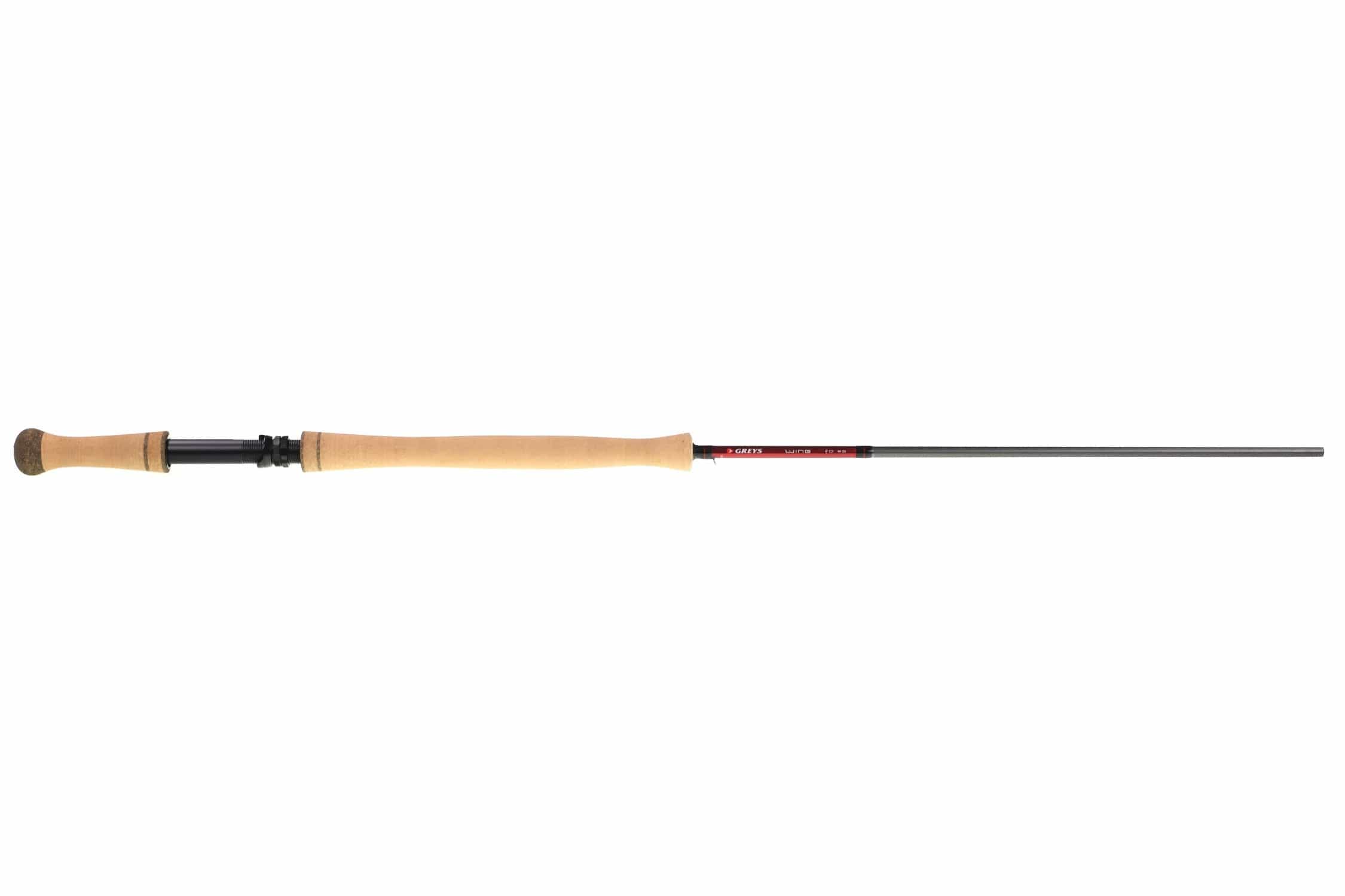 Greys Wing Trout spey fly rod with light cork handle, black reel seat and slim grey graphite blank with red accent