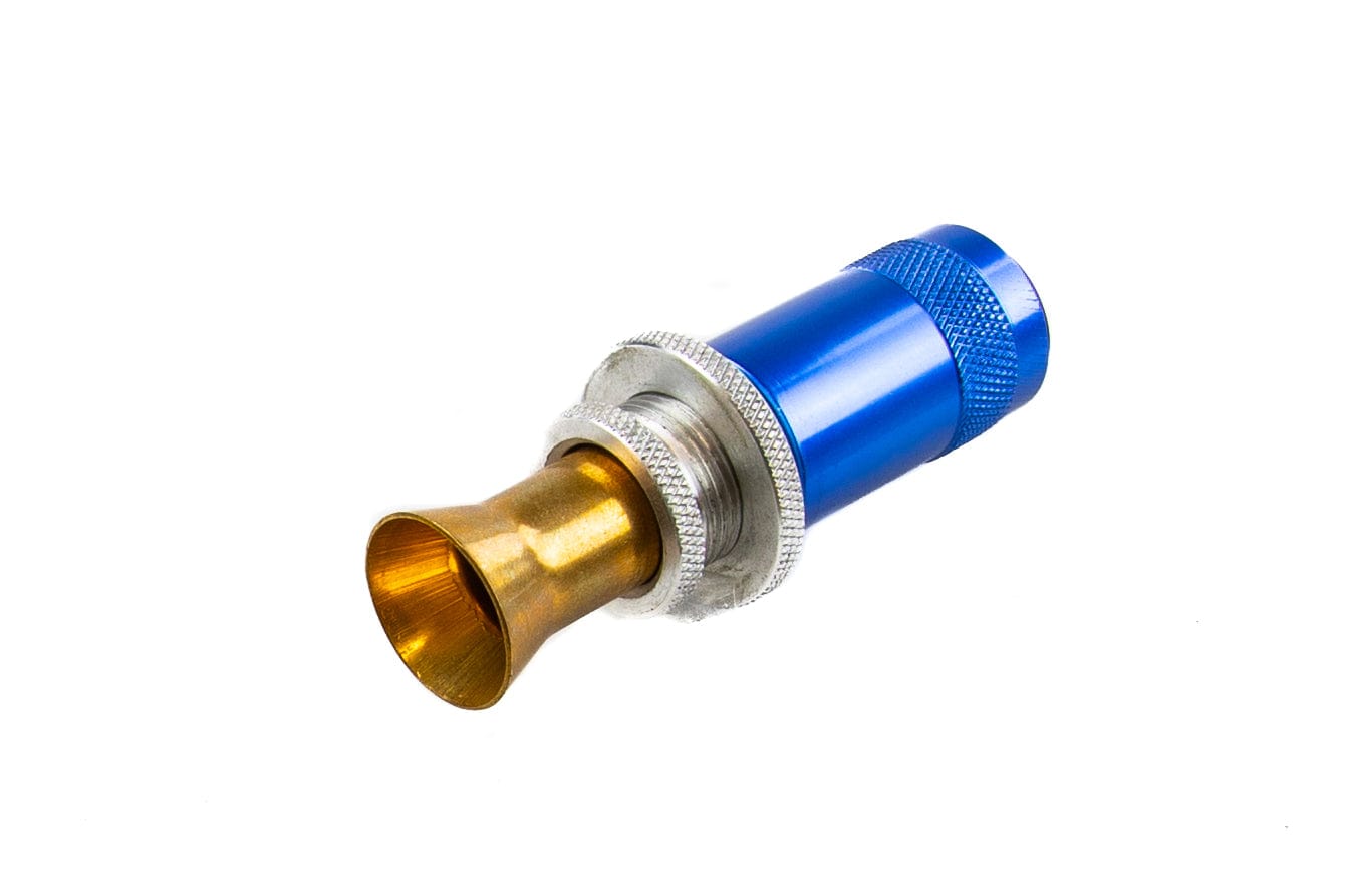 Blue anodized aluminum Griffin adjustable hair stacker with brass gold funnel and silver knurled collar for fly tying