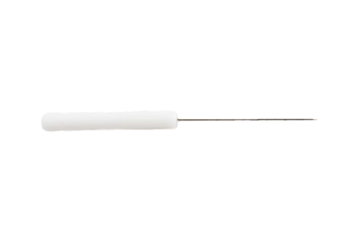 White plastic-handled Griffin bodkin with long thin stainless steel needle tip, fly tying tool for precise thread work