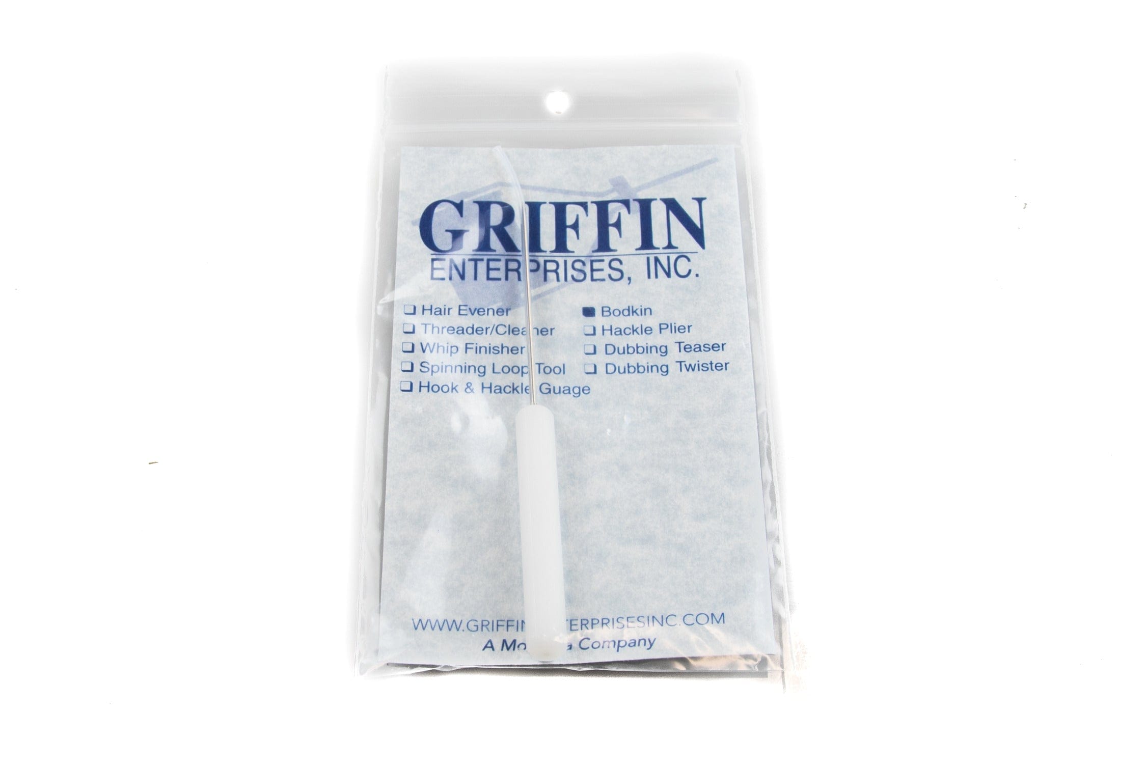 Griffin fly tying bodkin with white plastic handle and thin stainless steel needle in clear blister pack with blue logo