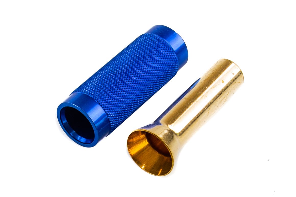 Blue knurled anodized aluminum tube and gold brass tapered funnel Griffin hair stacker for fly tying