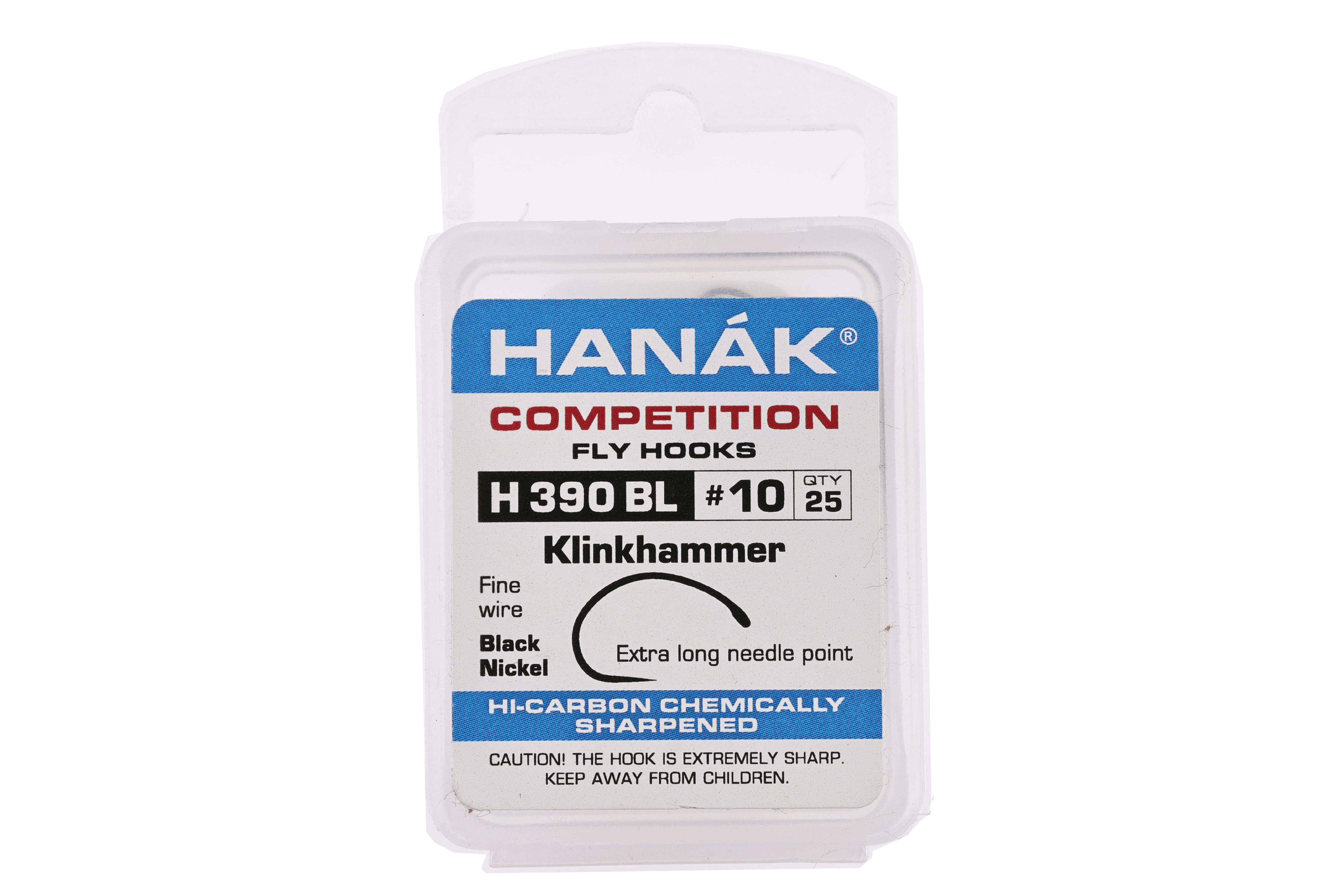 Hanak Competition H390BL Klinkhammer fly hooks packaging, blue logo on white case, black nickel fine-wire hooks (size 10)