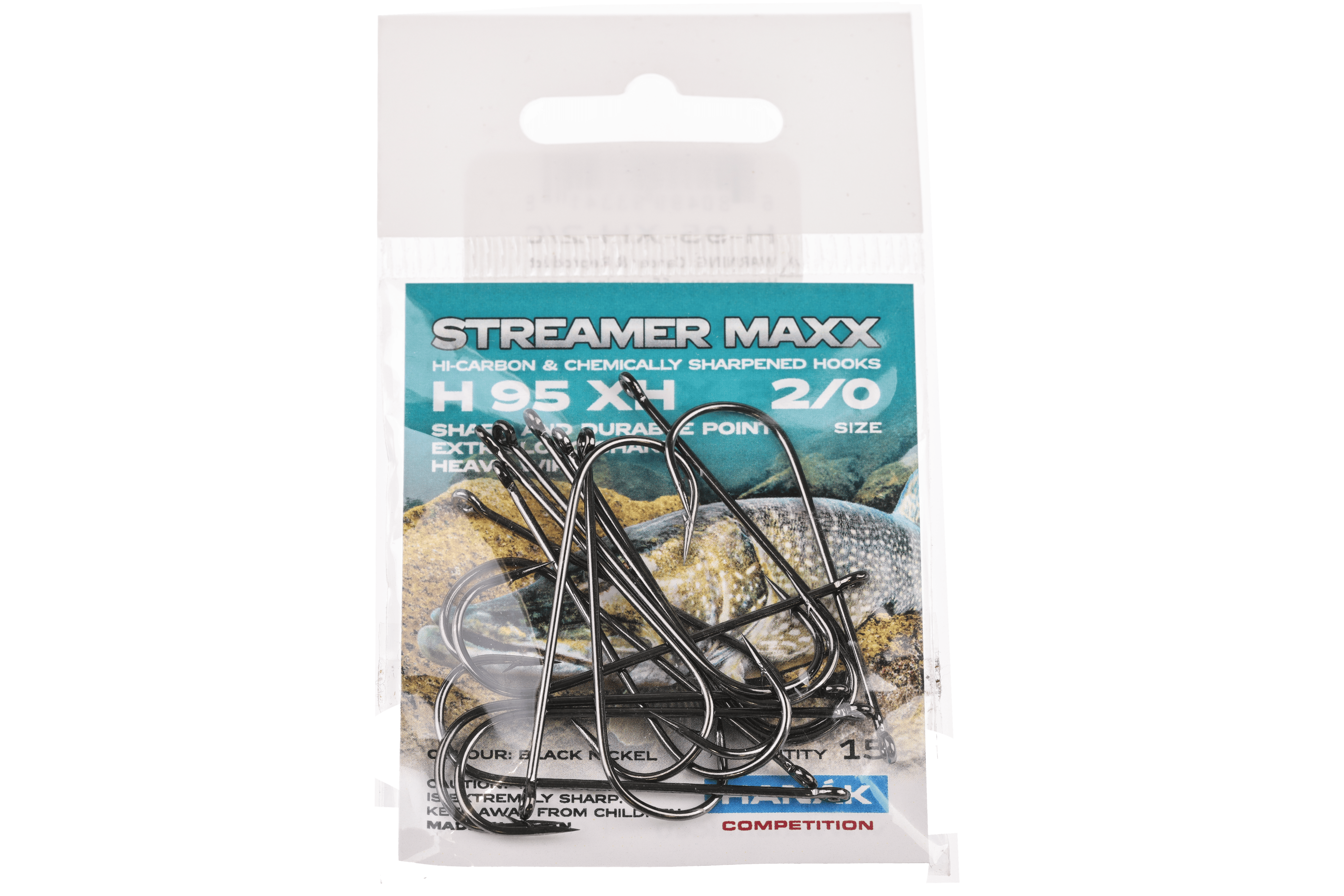 Hanak Streamer Maxx 95 XH black nickel streamer hooks in clear packaging, curved hi-carbon hooks for fly tying